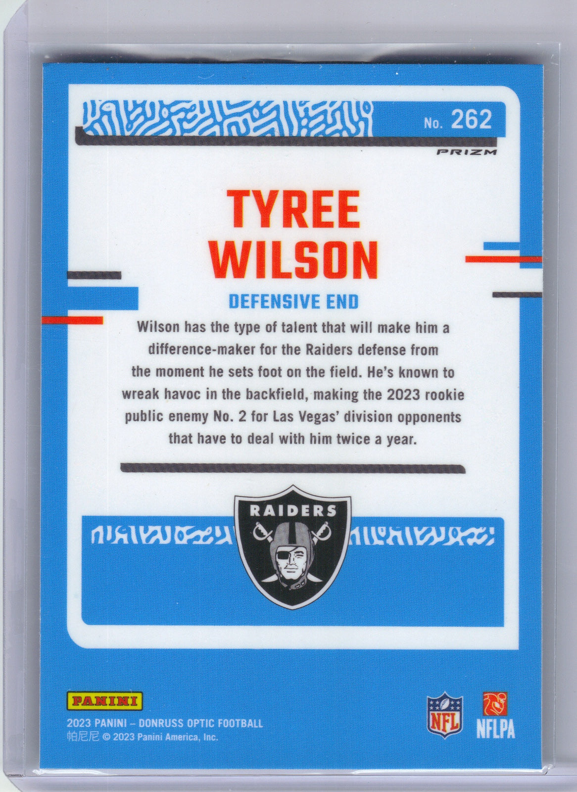 Tyree Wilson Las Vegas Raiders 2023 Donruss Optic - Green Velocity #262 (Back)