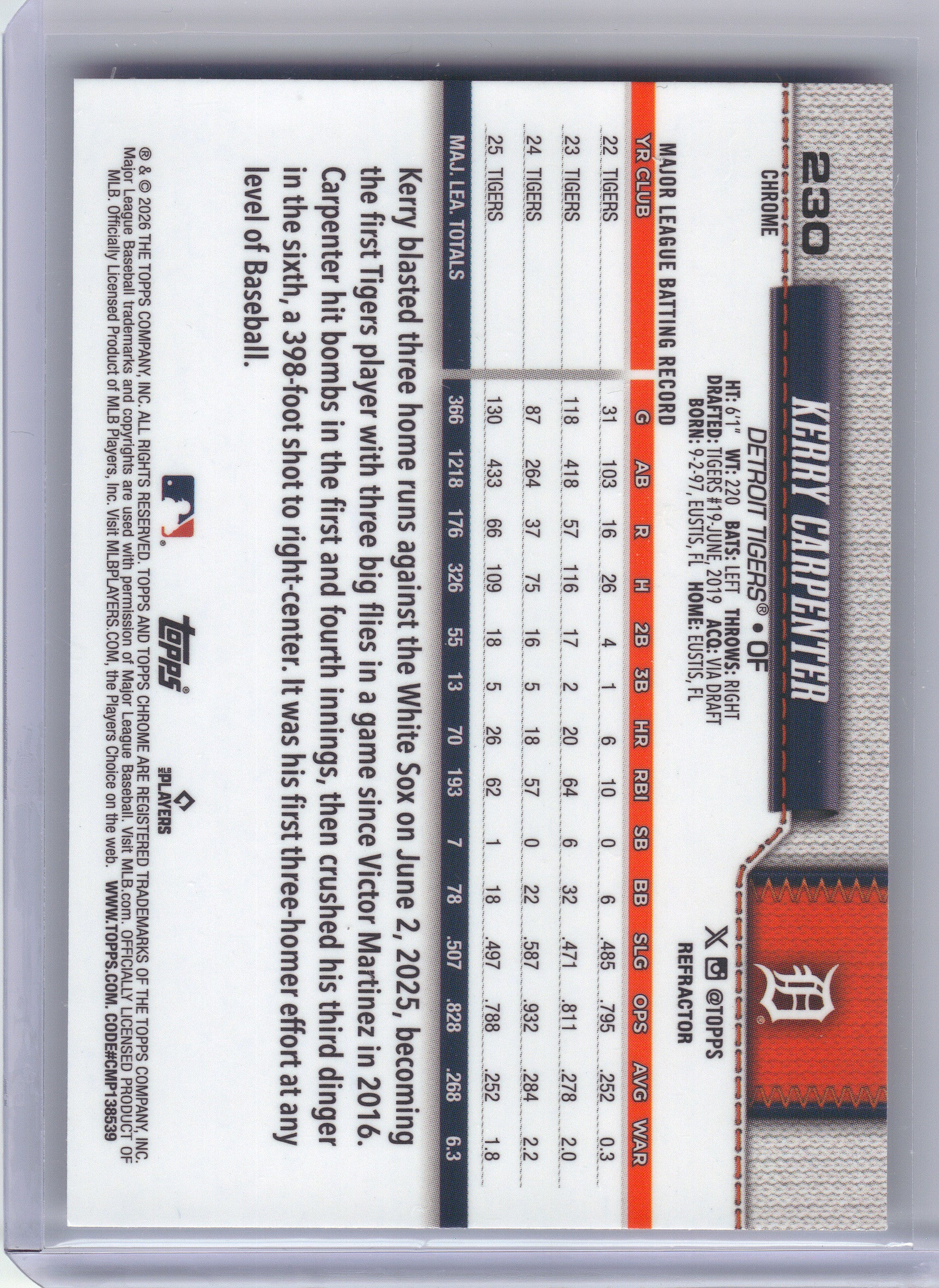 2026 Topps Chrome #230 Kerry Carpenter Refractors Refractor Detroit Tigers