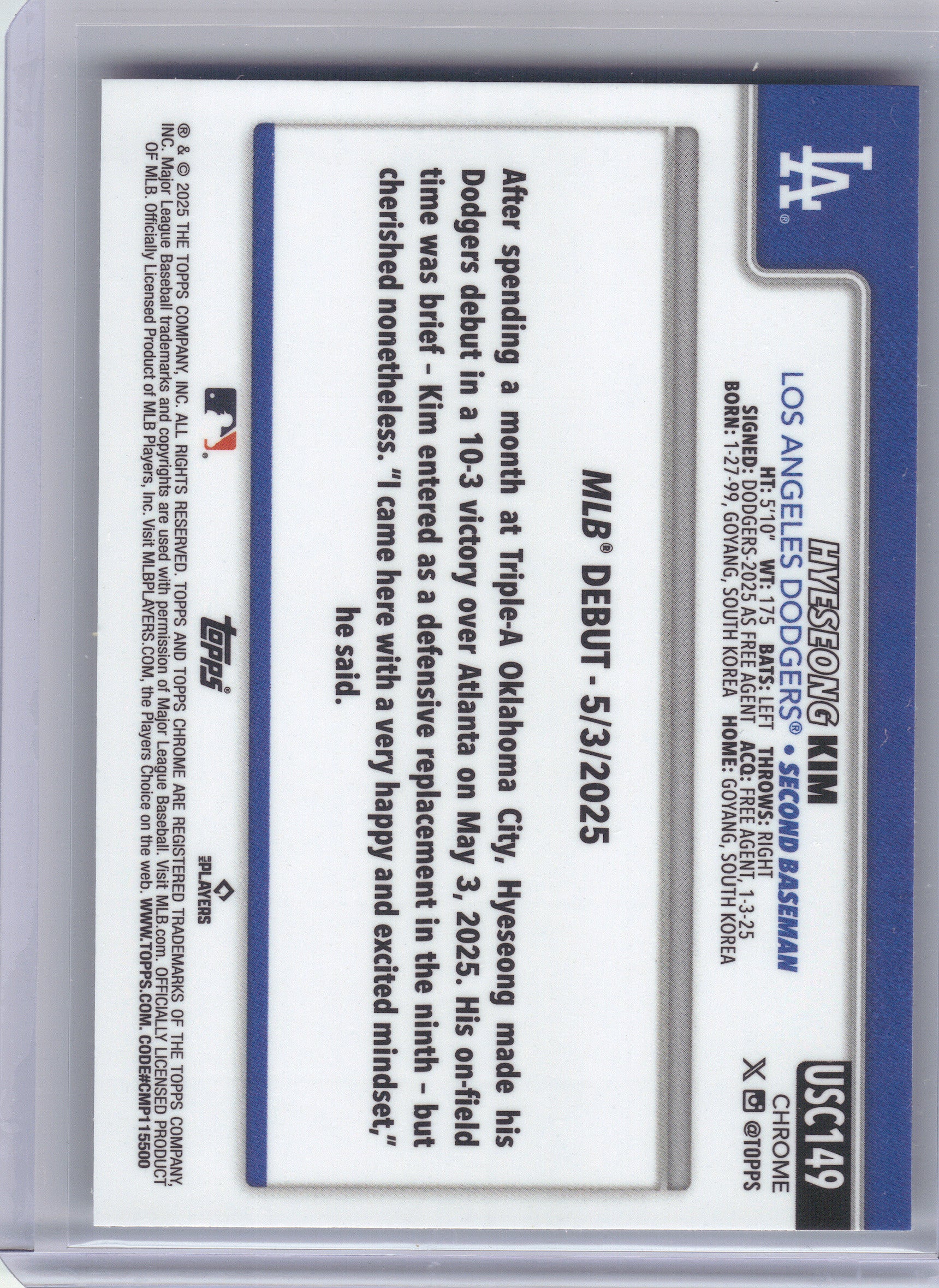2025 Topps Chrome Update #USC149 Hyeseong Kim Los Angeles Dodgers