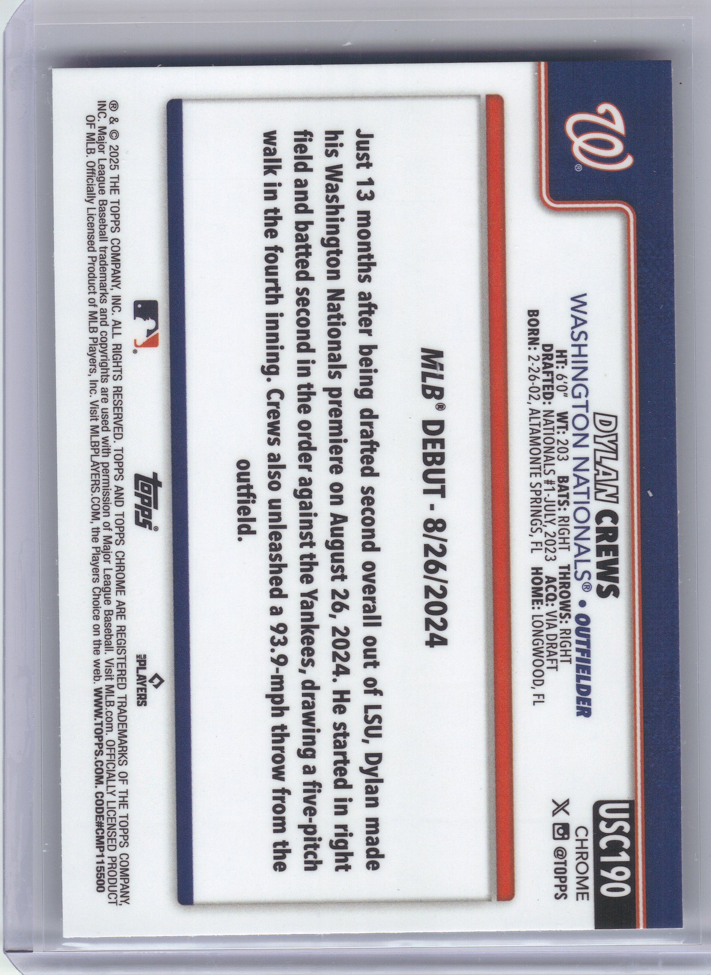 2025 Topps Chrome Update #USC190 Dylan Crews Washington Nationals