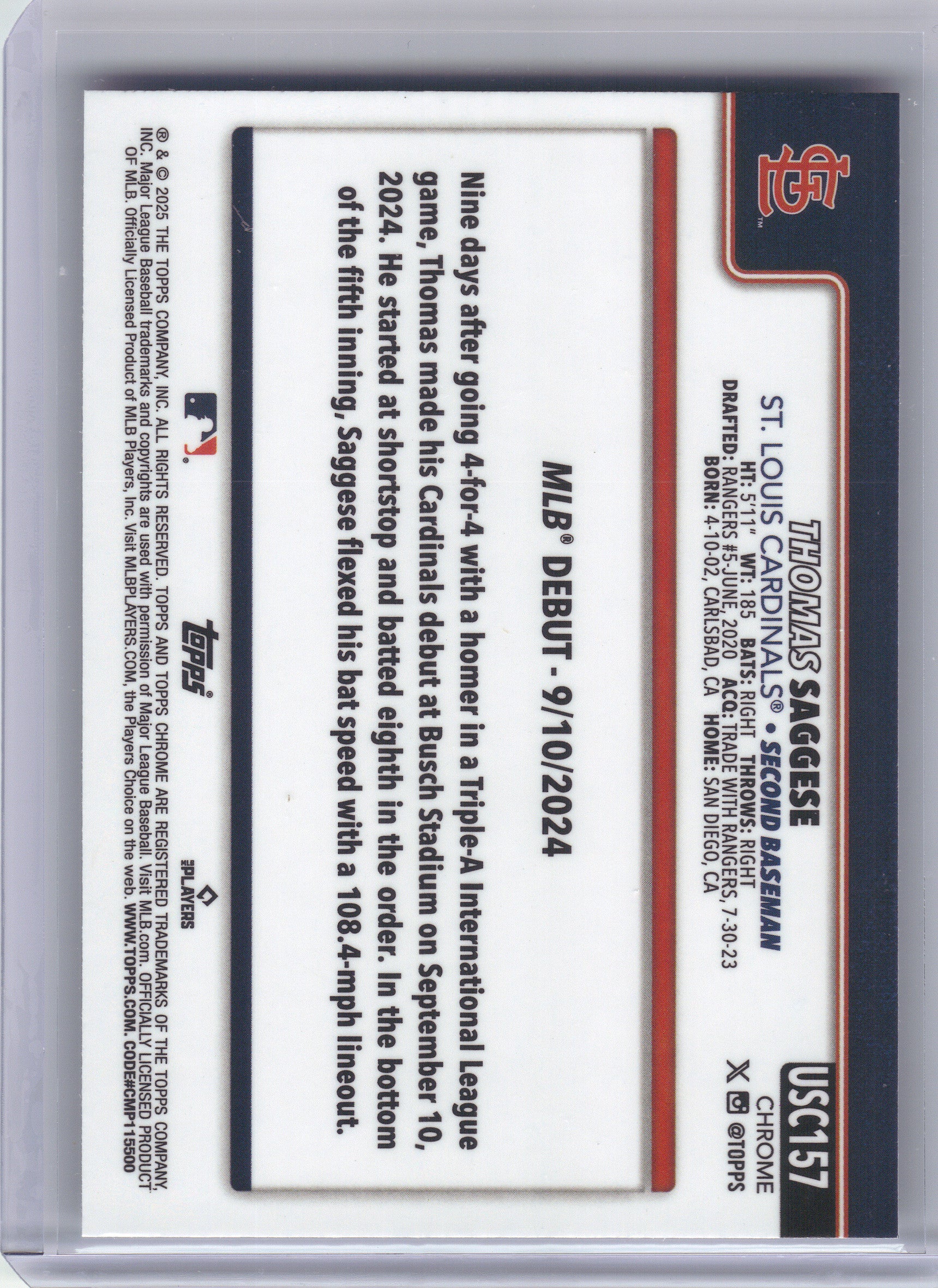 2025 Topps Update #US21 Thomas Saggese X-Fractor St. Louis Cardinals