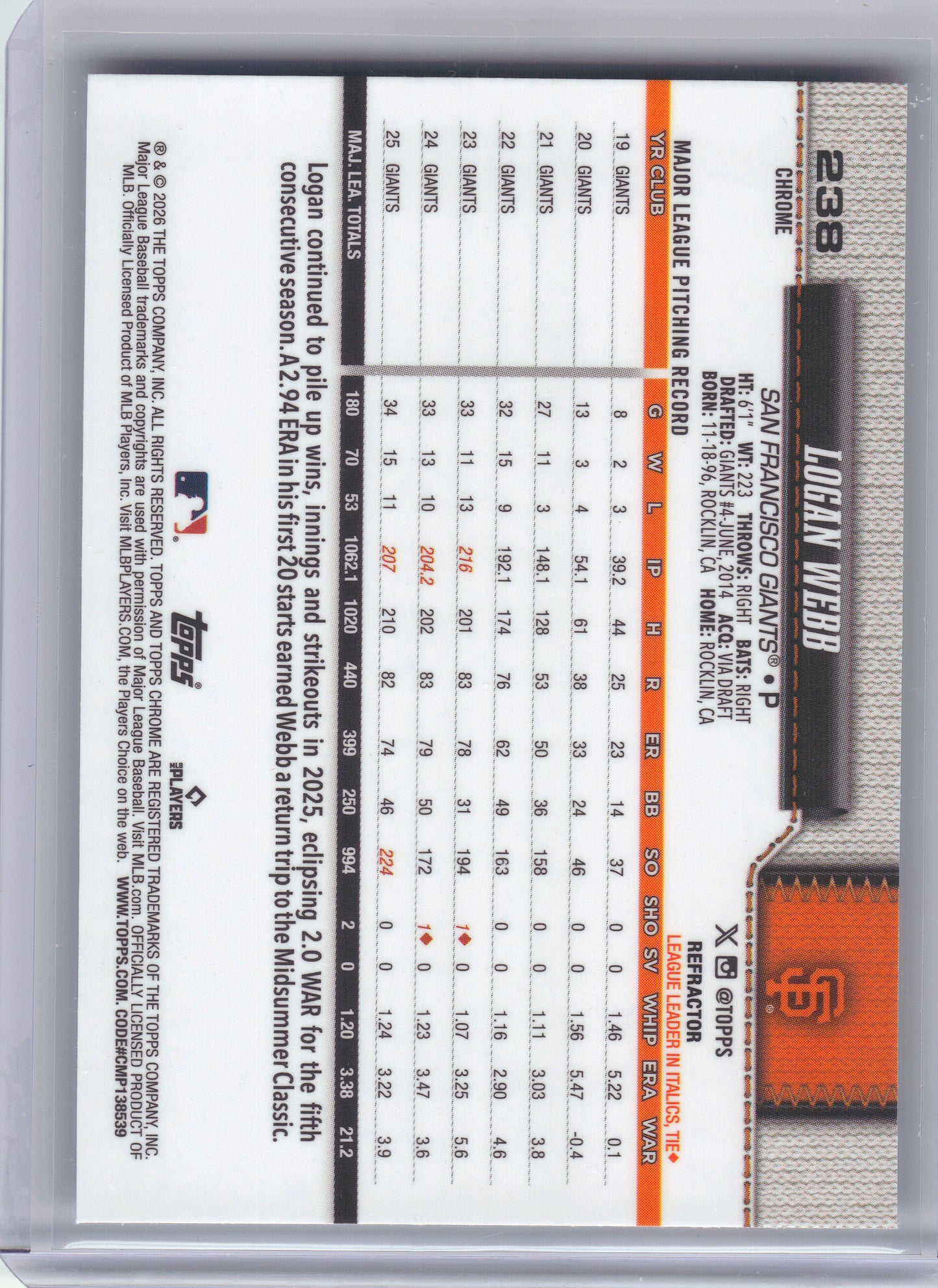 2026 Topps Chrome #238 Logan Webb Refractors San Francisco Giants