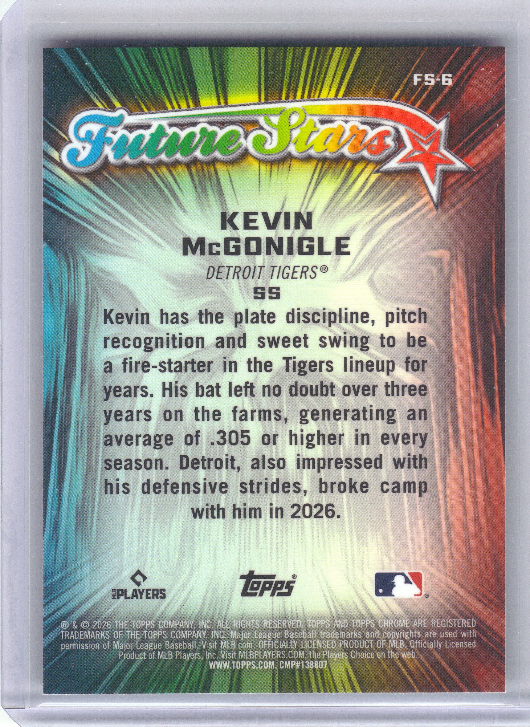 2026 Topps Chrome #FS-6 Kevin McGonigle Future Stars Detroit Tigers
