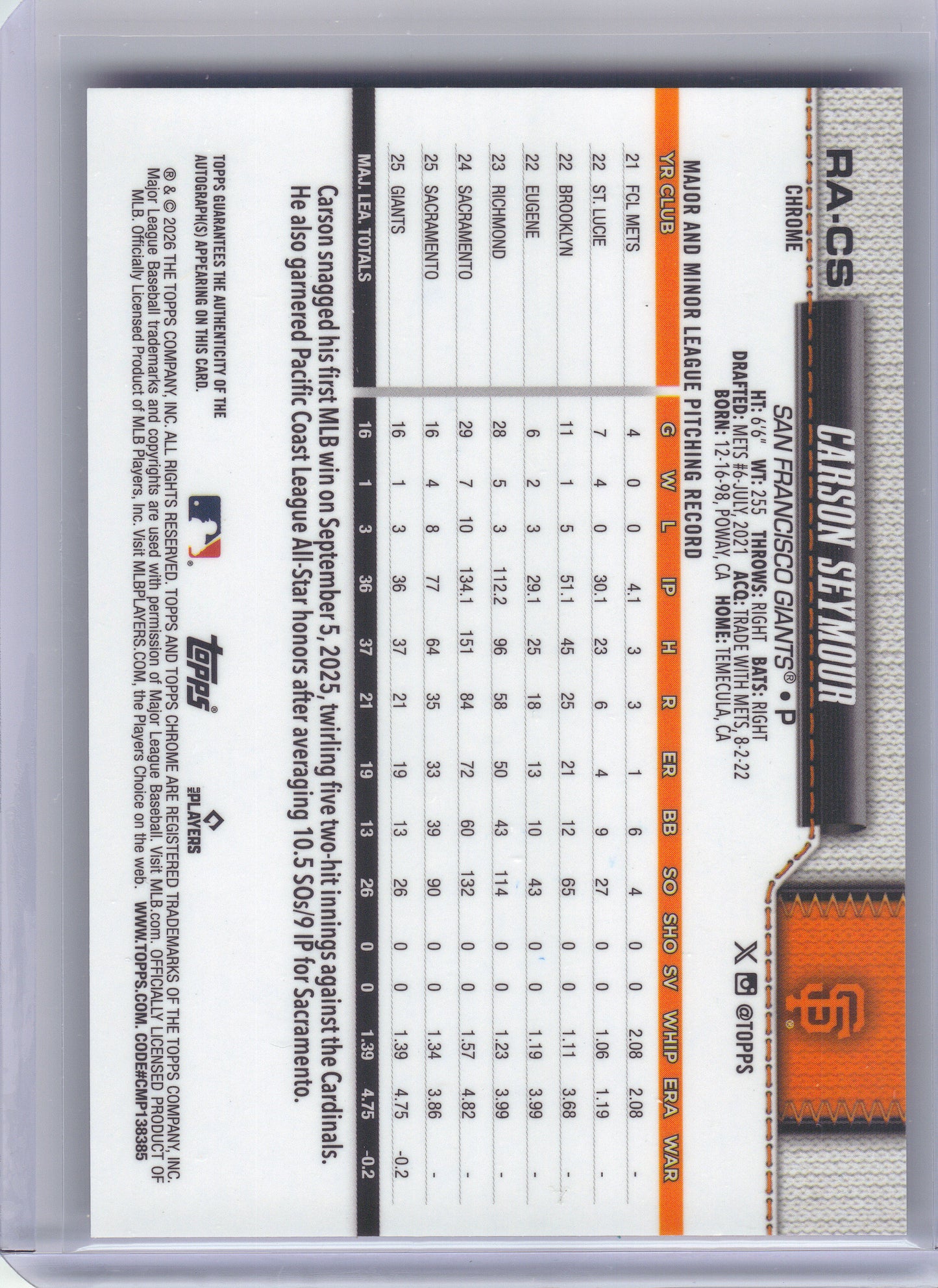 2026 Topps Chrome #RA-CS Carson Seymour Rookie Autographs Purple Geometric Refractors #/75 San Francisco Giants SN, Auto