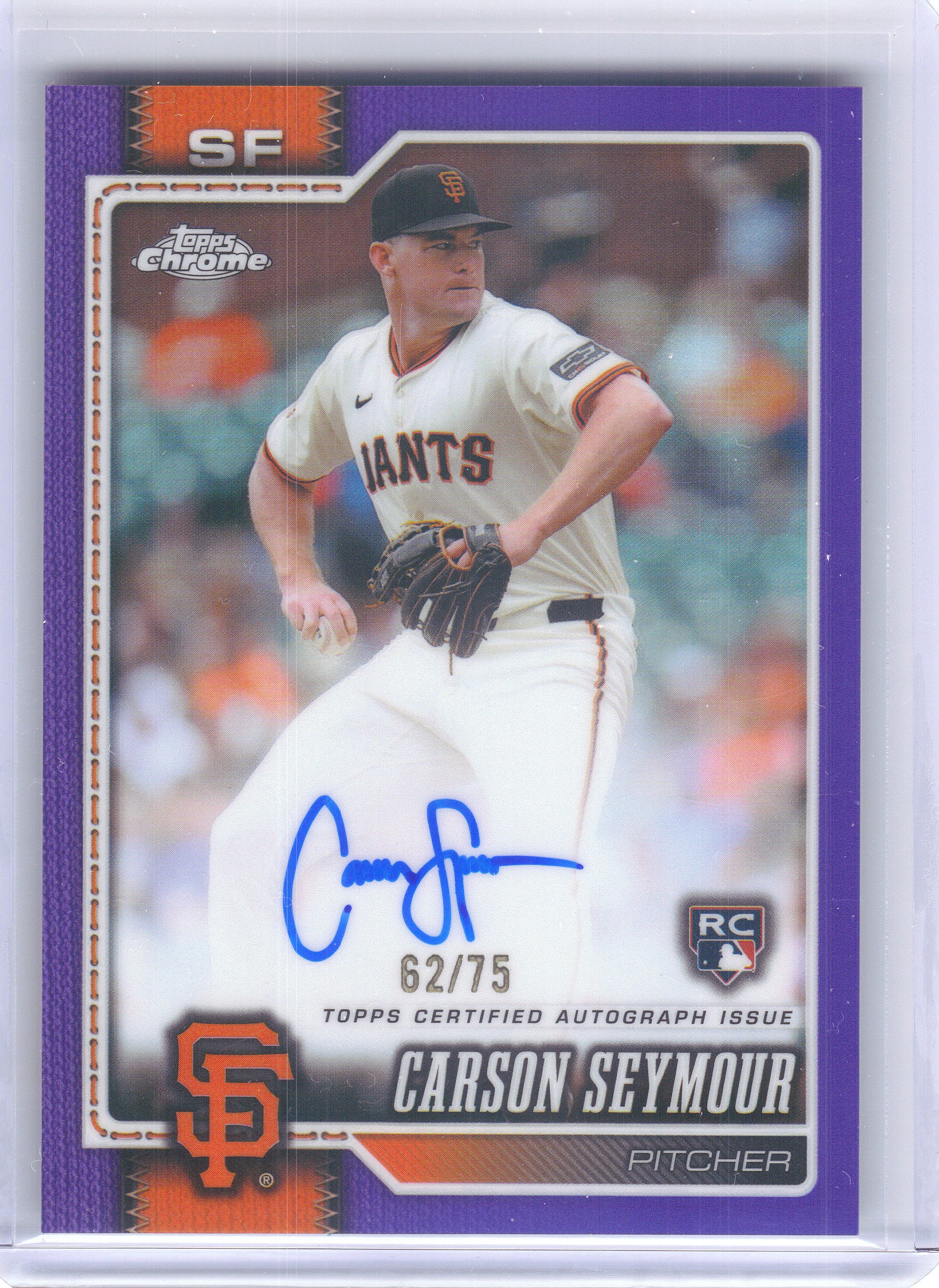 2026 Topps Chrome #RA-CS Carson Seymour Rookie Autographs Purple Geometric Refractors #/75 San Francisco Giants SN, Auto
