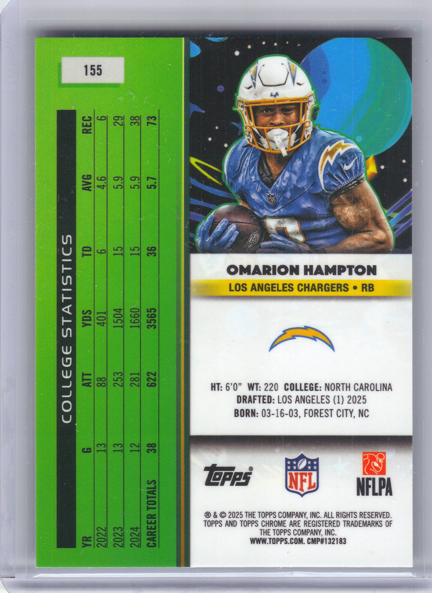 2025 Topps Chrome Cosmic #155 Omarion Hampton Los Angeles Chargers Rookie