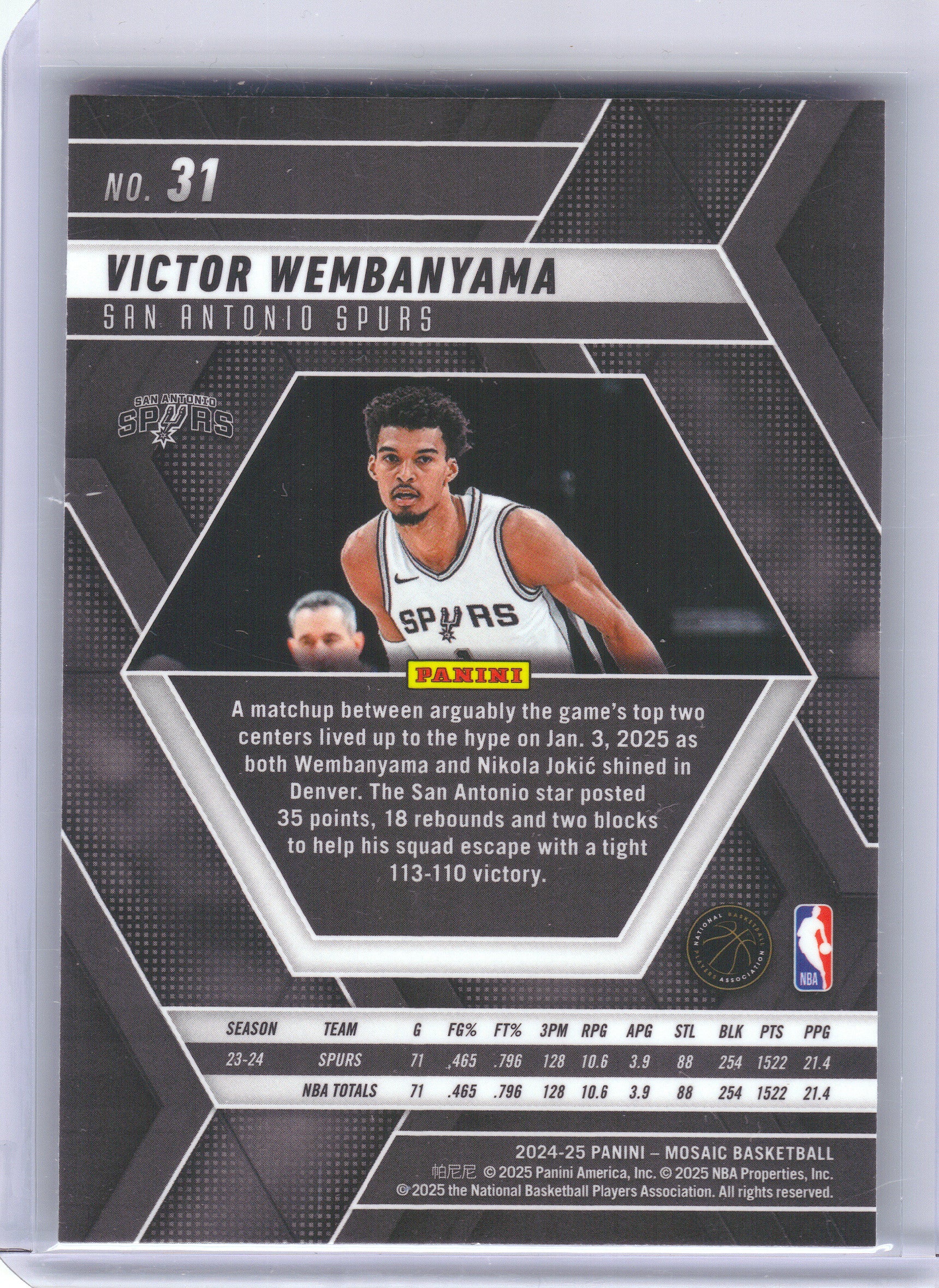 2024-25 Panini Mosaic #31 Victor Wembanyama Base Mosaic San Antonio Spurs