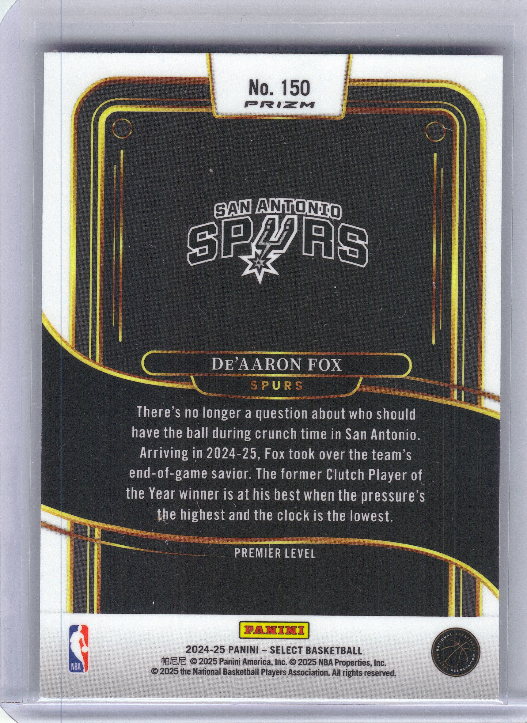 2024-25 Panini Select #150 De'Aaron Fox Green White Purple Prizm San Antonio Spurs