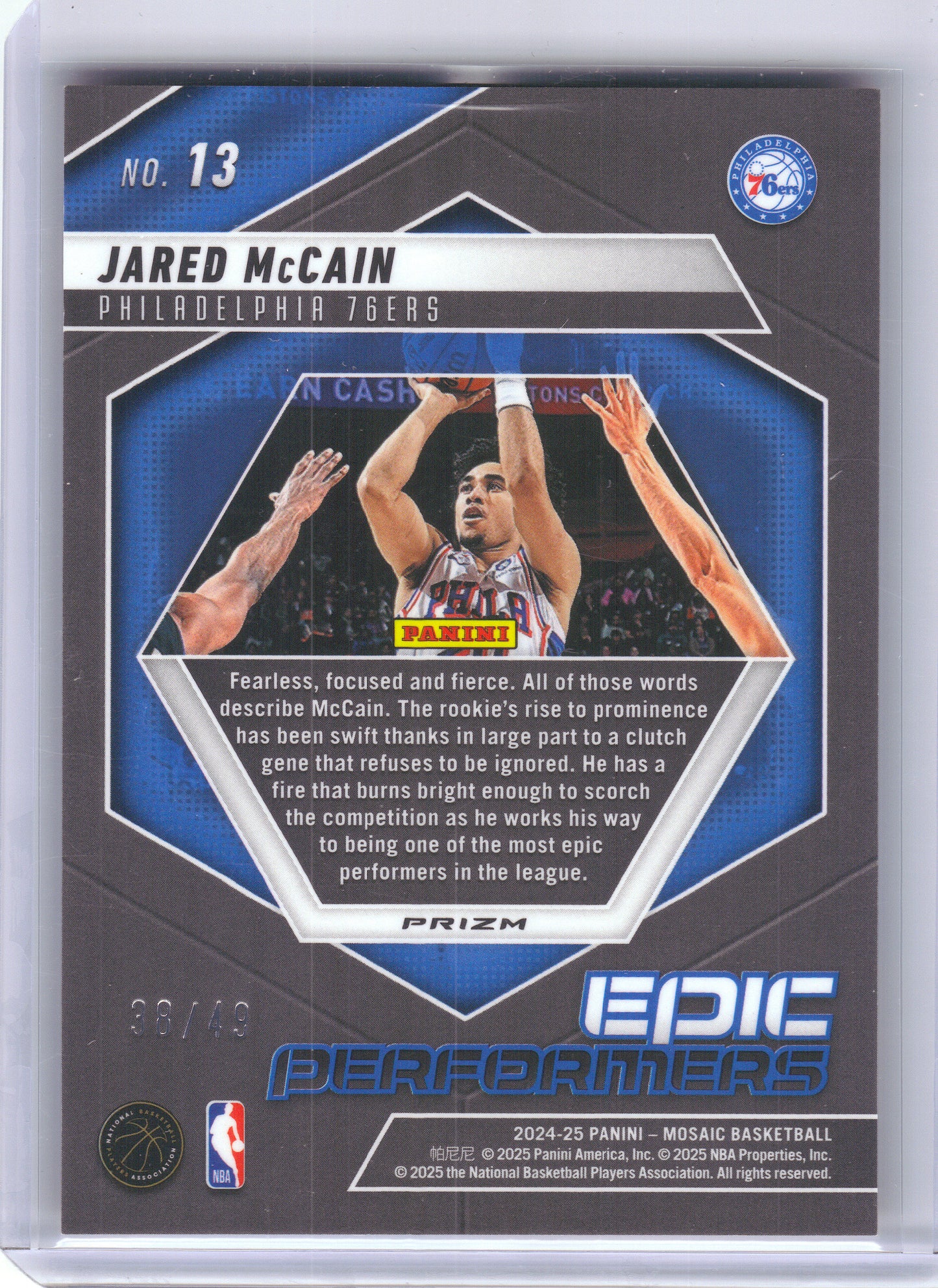 2024-25 Panini Mosaic #13 Jared McCain Epic Performers Mosaic Orange Ice #/49 Philadelphia 76ers SN