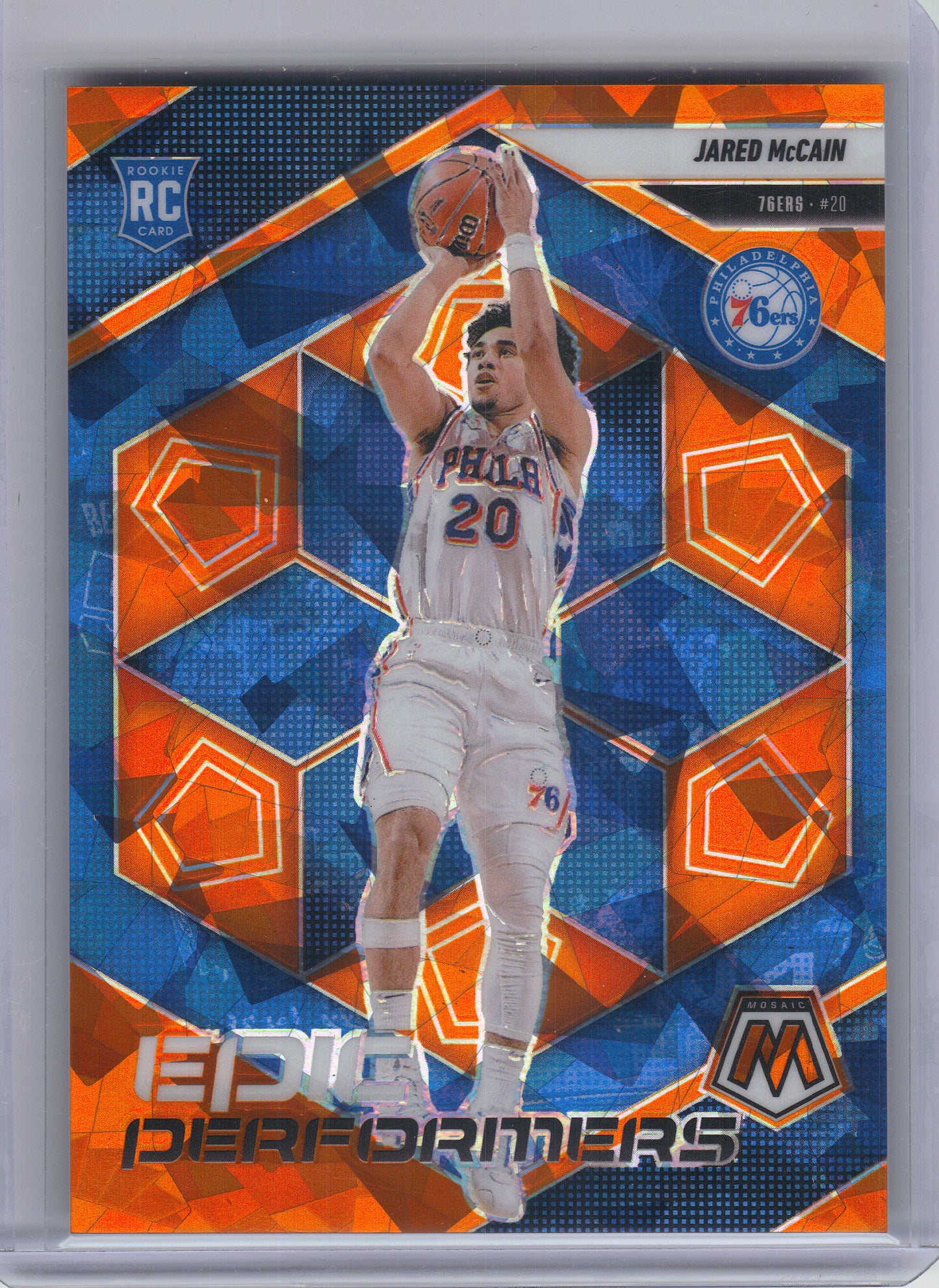 2024-25 Panini Mosaic #13 Jared McCain Epic Performers Mosaic Orange Ice #/49 Philadelphia 76ers SN