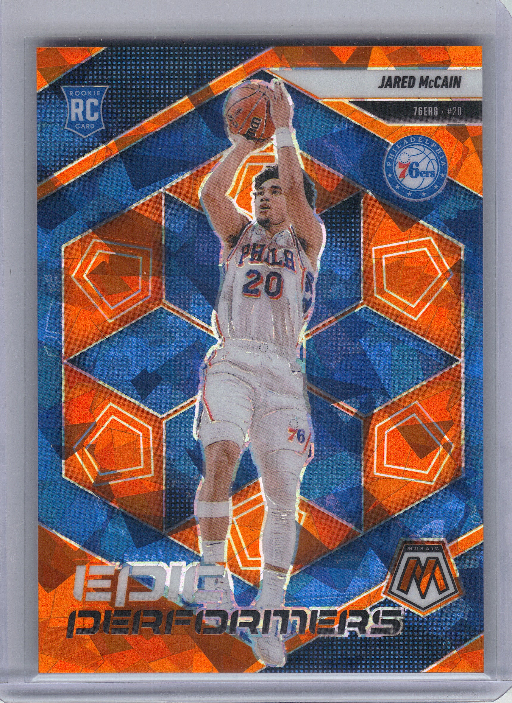 2024-25 Panini Mosaic #13 Jared McCain Epic Performers Mosaic Orange Ice #/49 Philadelphia 76ers SN