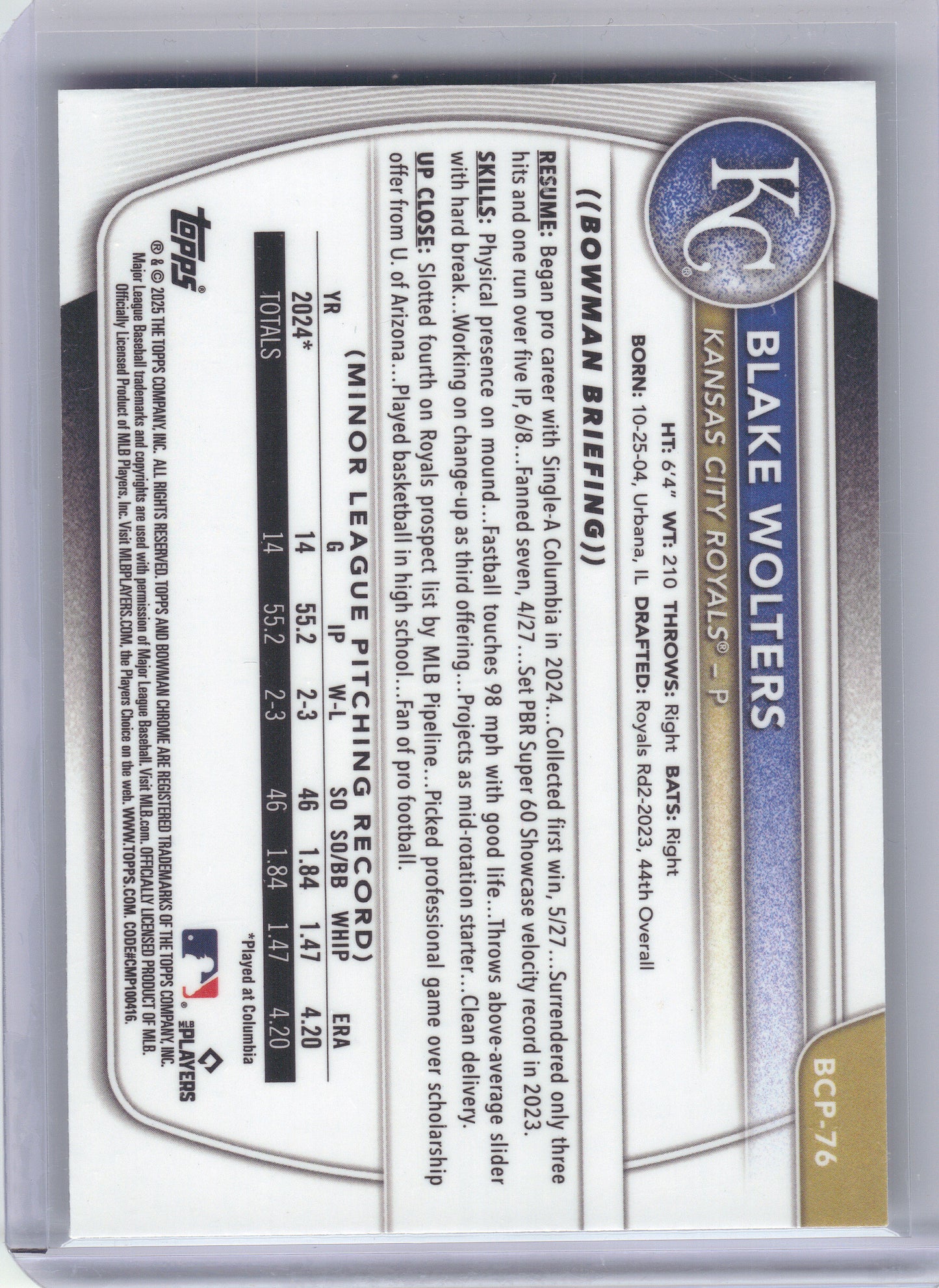 2025 Bowman #BCP-76 Blake Wolters Chrome Prospects Mini Diamond Refractor Kansas City Royals