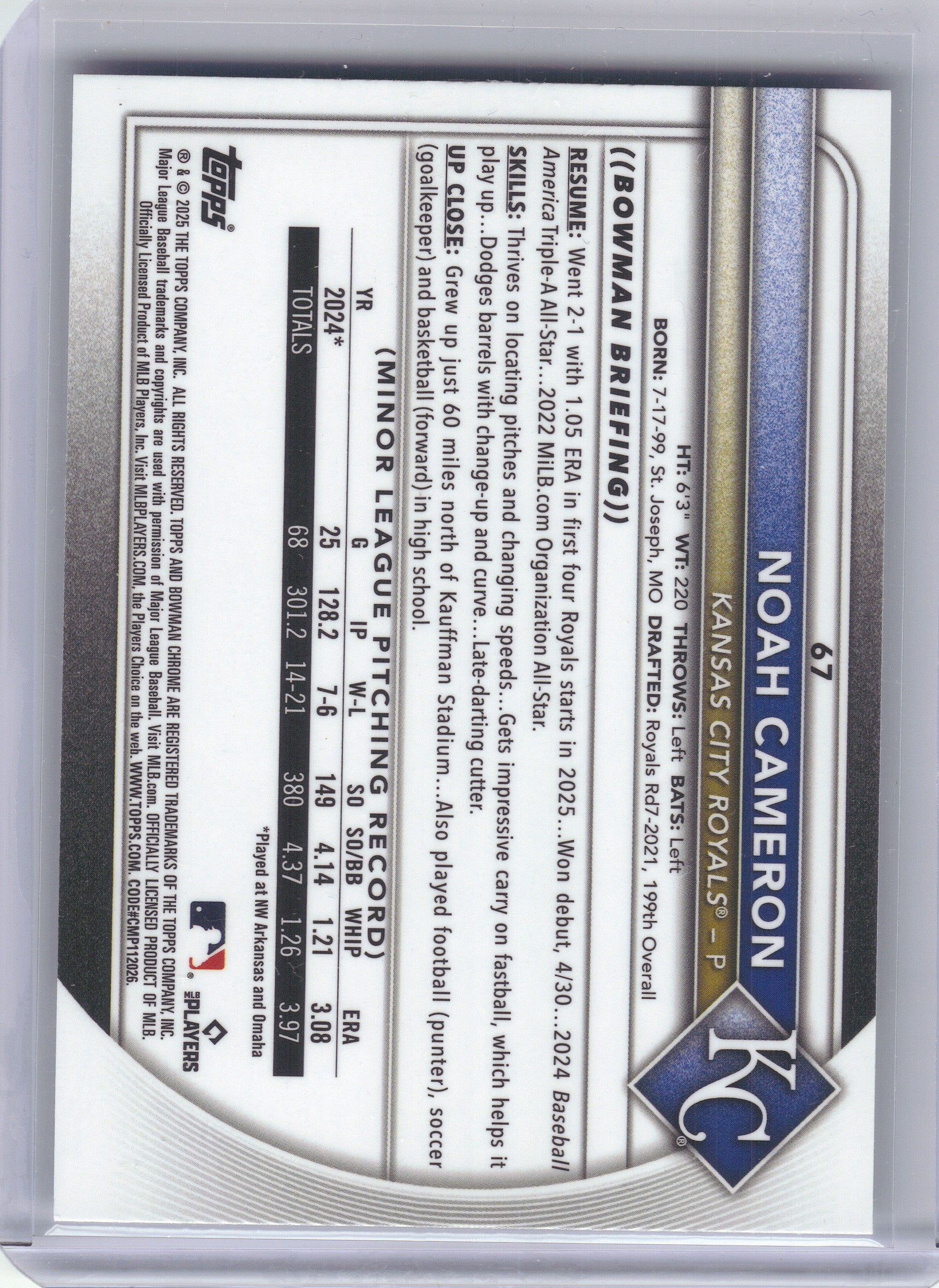 2025 Bowman Chrome #67 Noah Cameron Kansas City Royals Rookie