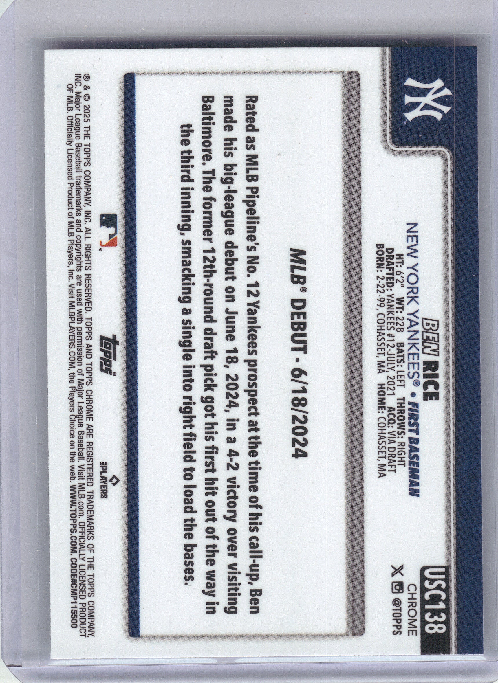 2025 Topps Chrome Update #USC138 Ben Rice New York Yankees