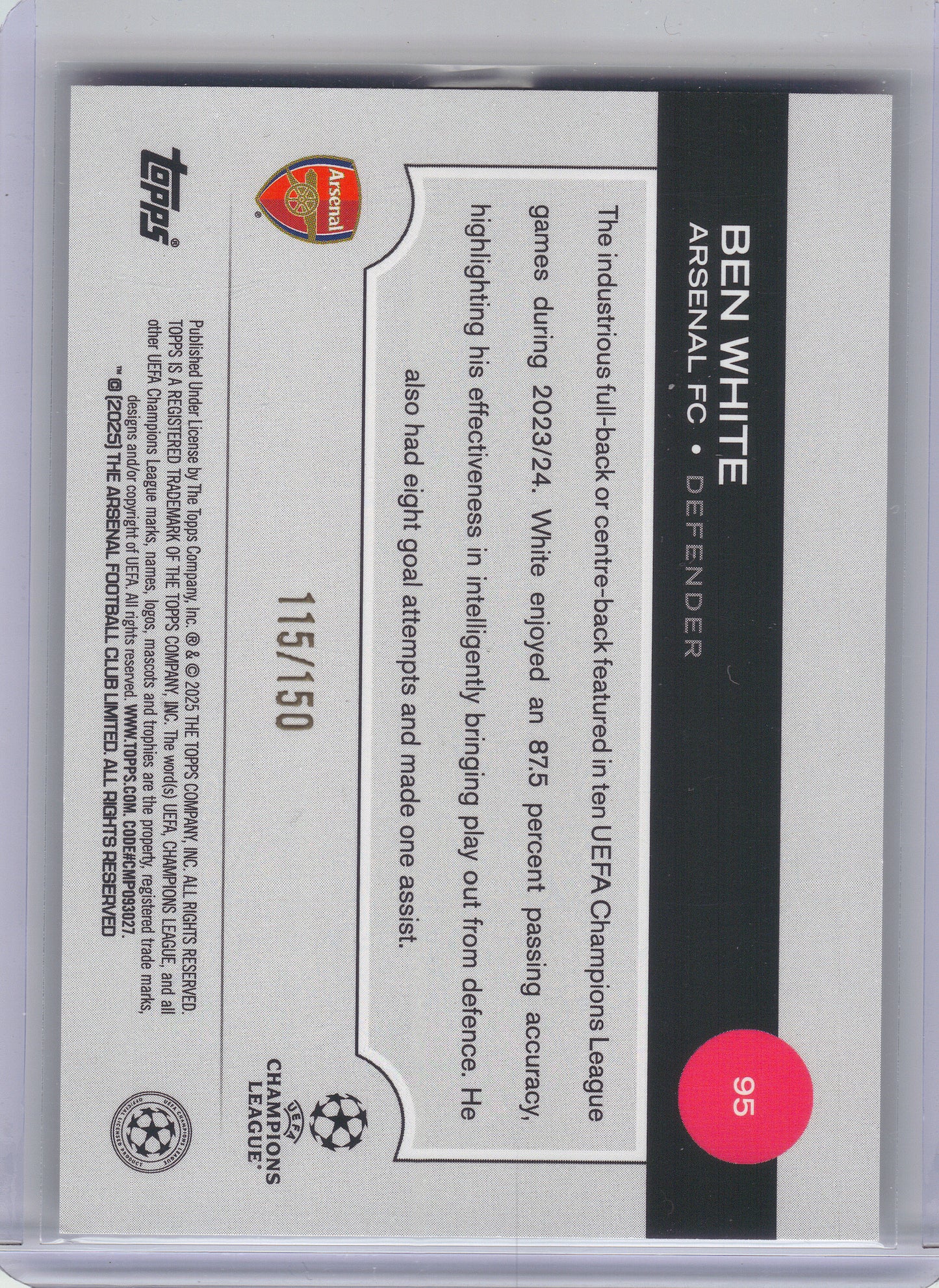 2024-25 Topps UEFA Club Competitions #95 Ben White Black & White Icy Foil #/150 Arsenal FC SN