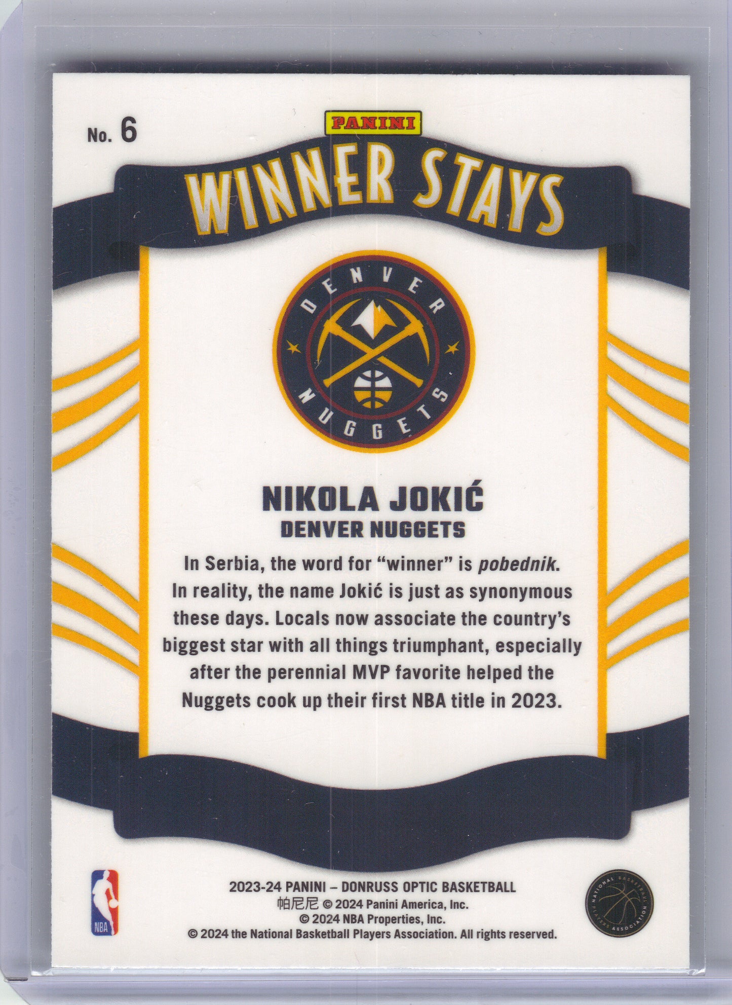 2023-24 Donruss Optic #6 Nikola Jokic Winner Stays Denver Nuggets