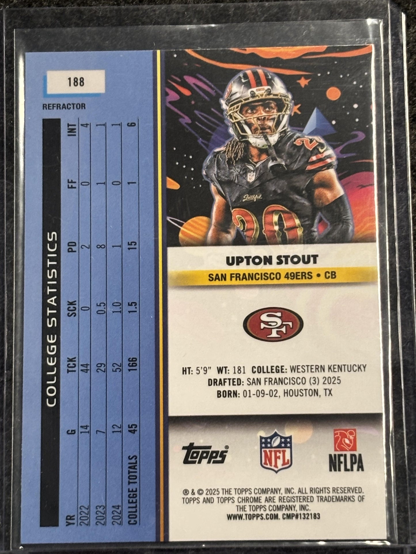 2025 Topps Chrome Cosmic #188 Upton Stout Refractor San Francisco 49ers Rookie