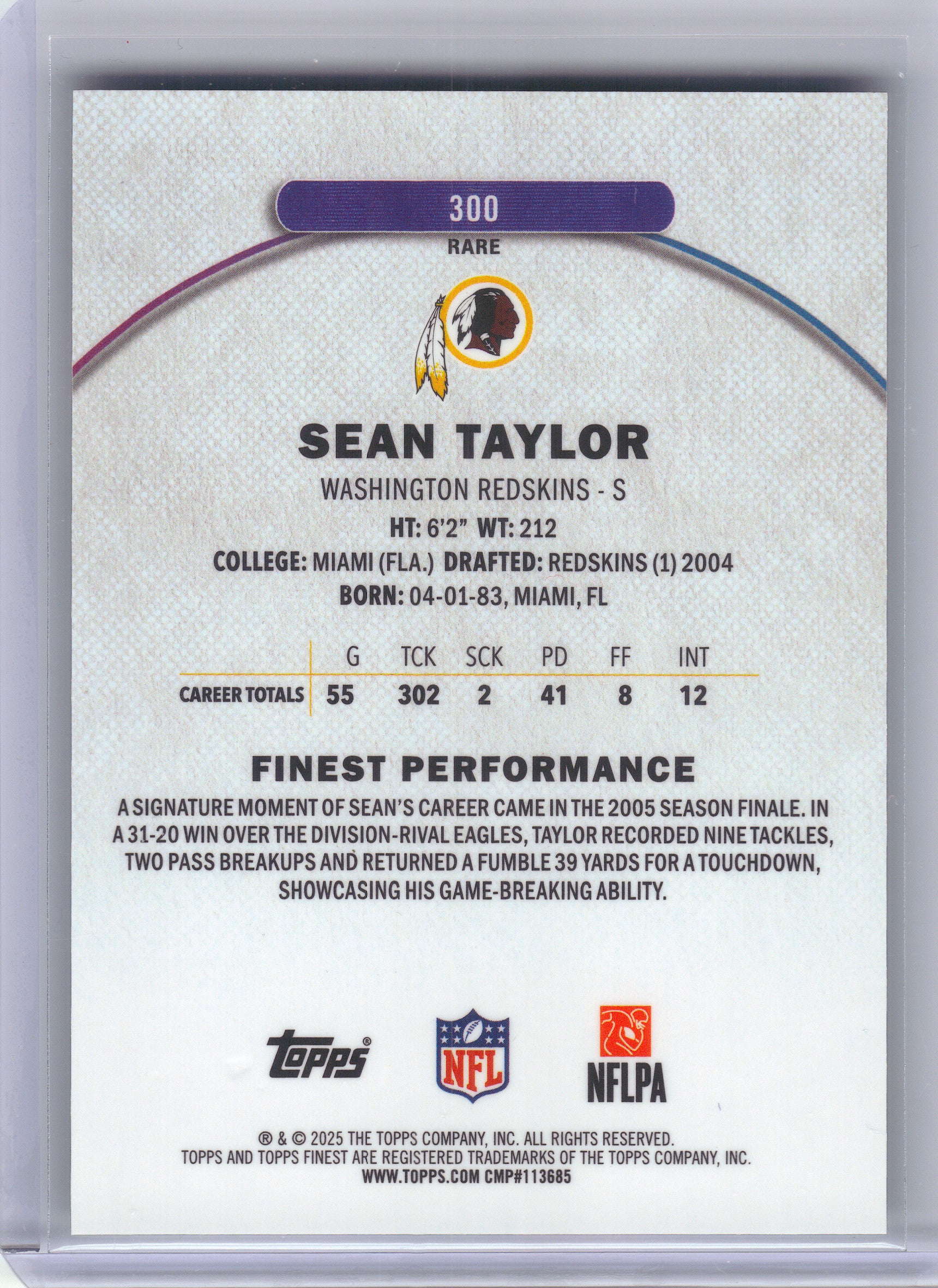 2025 Finest #300 Sean Taylor Green Geometric Refractor #/25 Washington Redskins SN