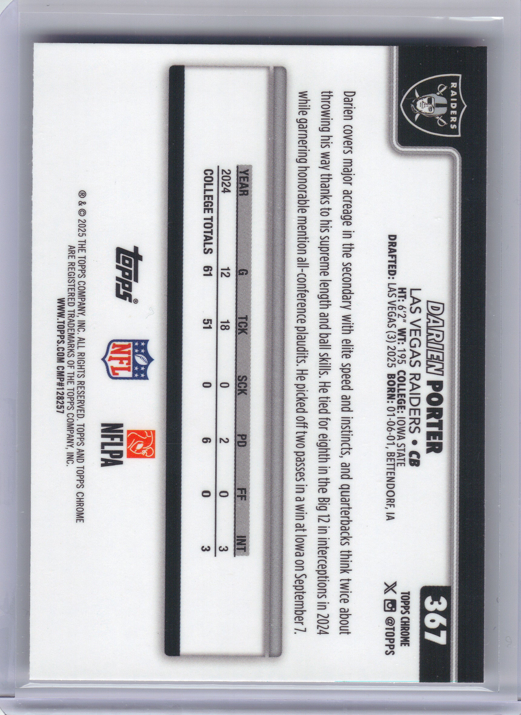 2025 Topps Chrome #367 Darien Porter Football Leather Refractor Las Vegas Raiders Rookie