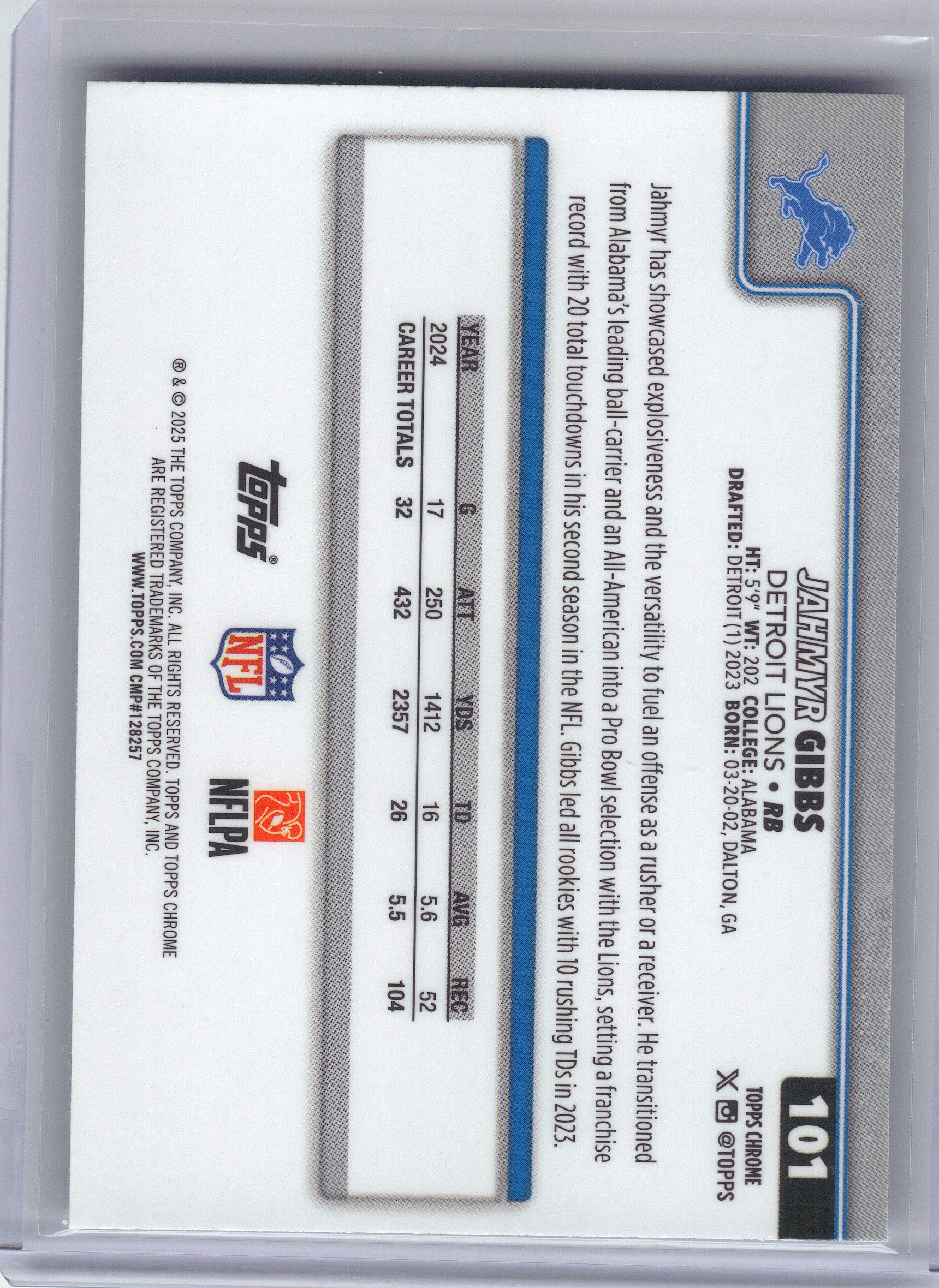 2025 Topps Chrome #101 Jahmyr Gibbs Pulsar Refractor Detroit Lions