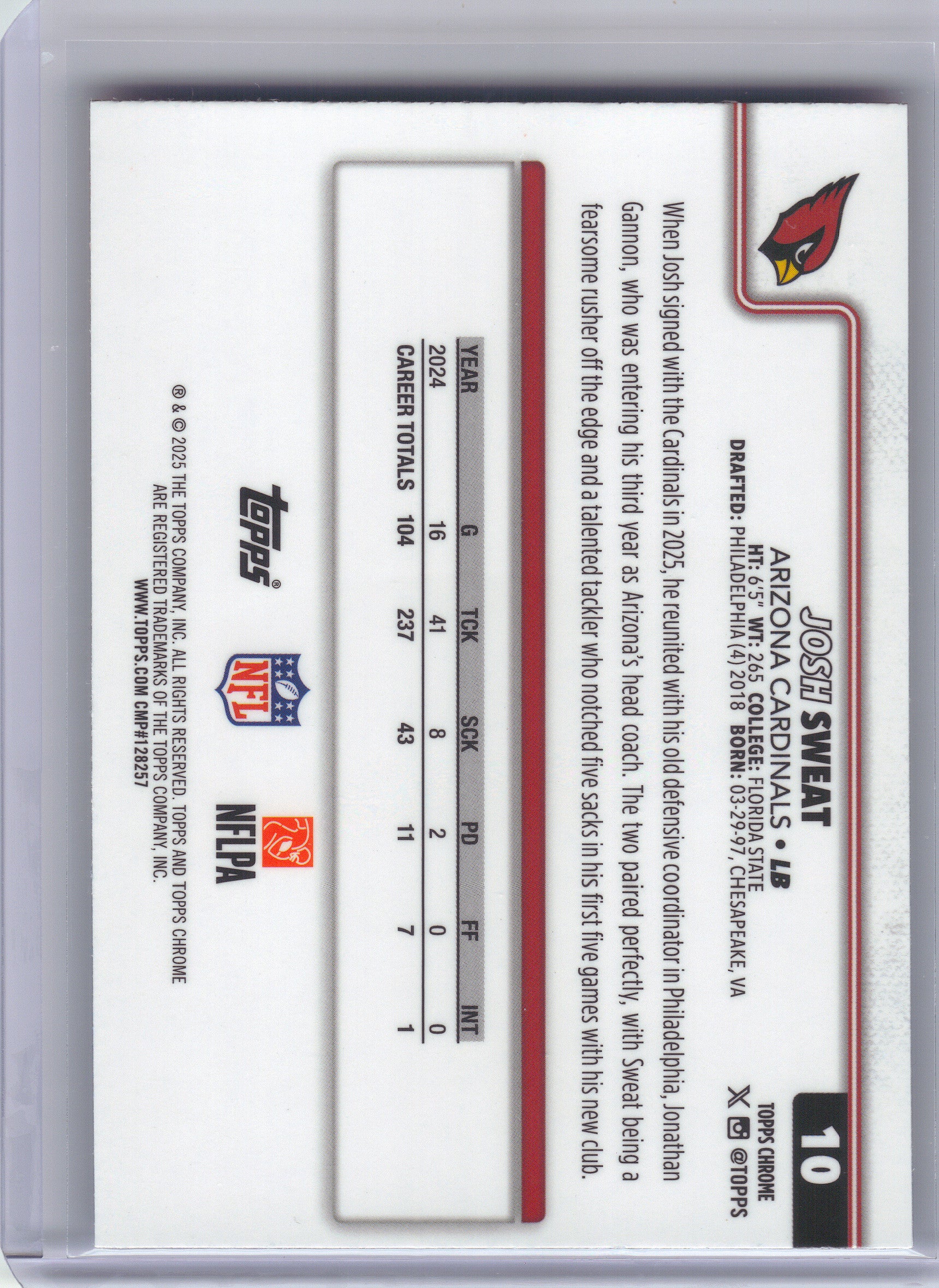2025 Topps Chrome #10 Josh Sweat Red White and Blue Refractor Arizona Cardinals