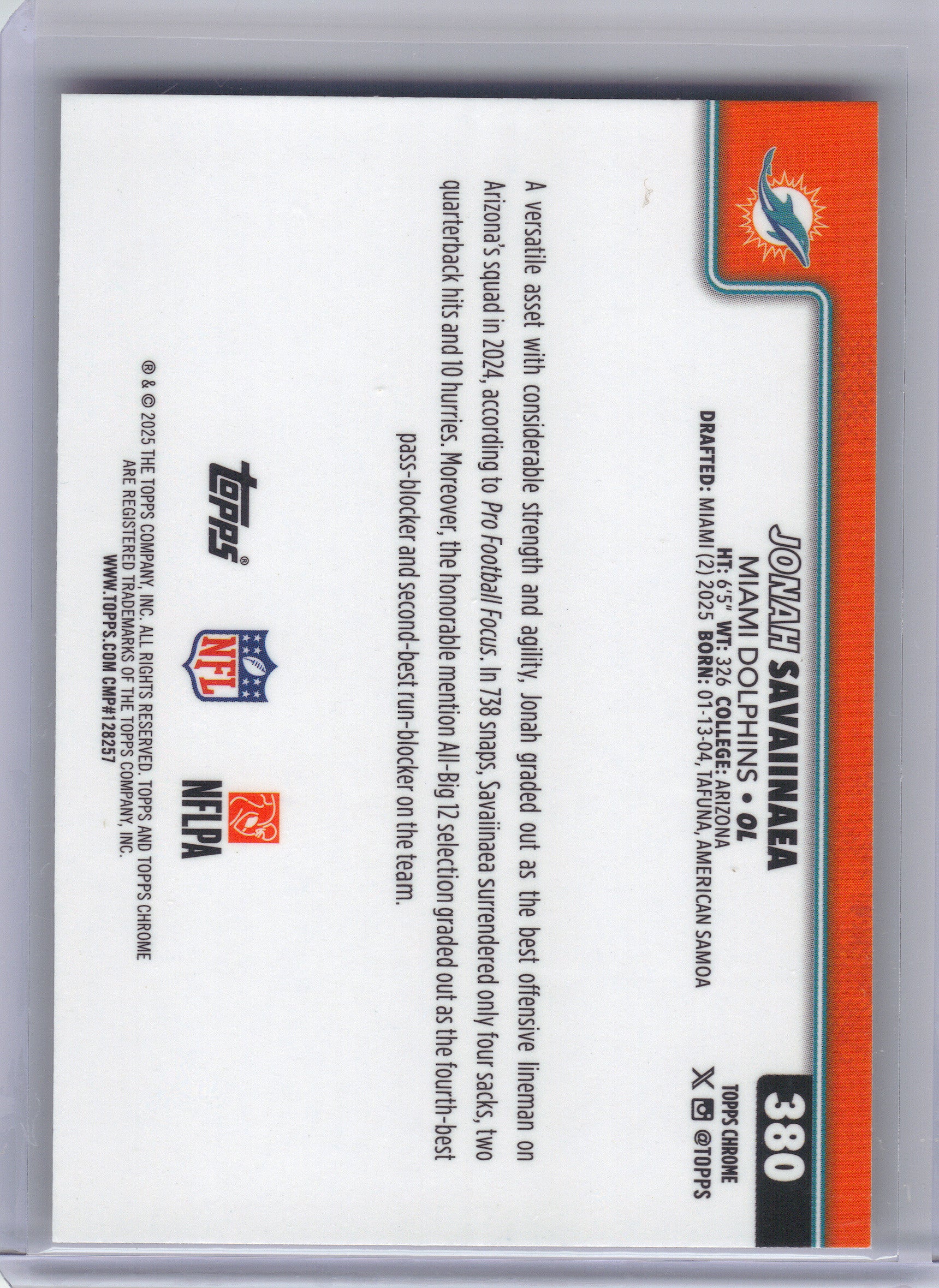 2025 Topps Chrome #380 Jonah Savaiinaea Football Leather Refractor Miami Dolphins Rookie