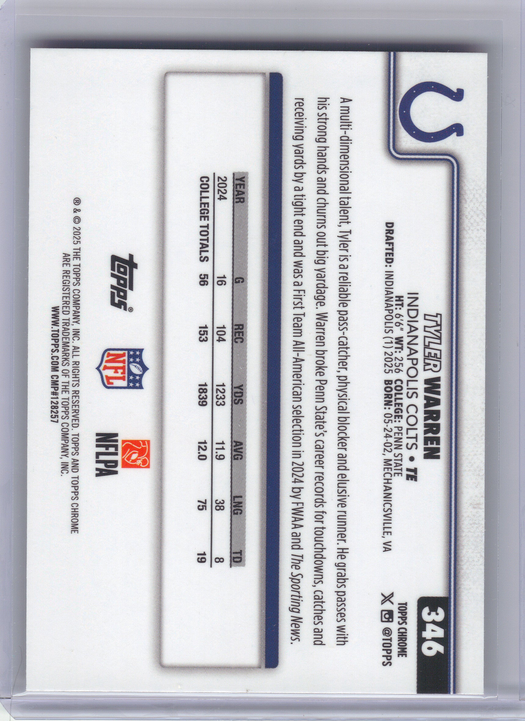 2025 Topps Chrome #346 Tyler Warren Football Leather Refractor Indianapolis Colts Rookie
