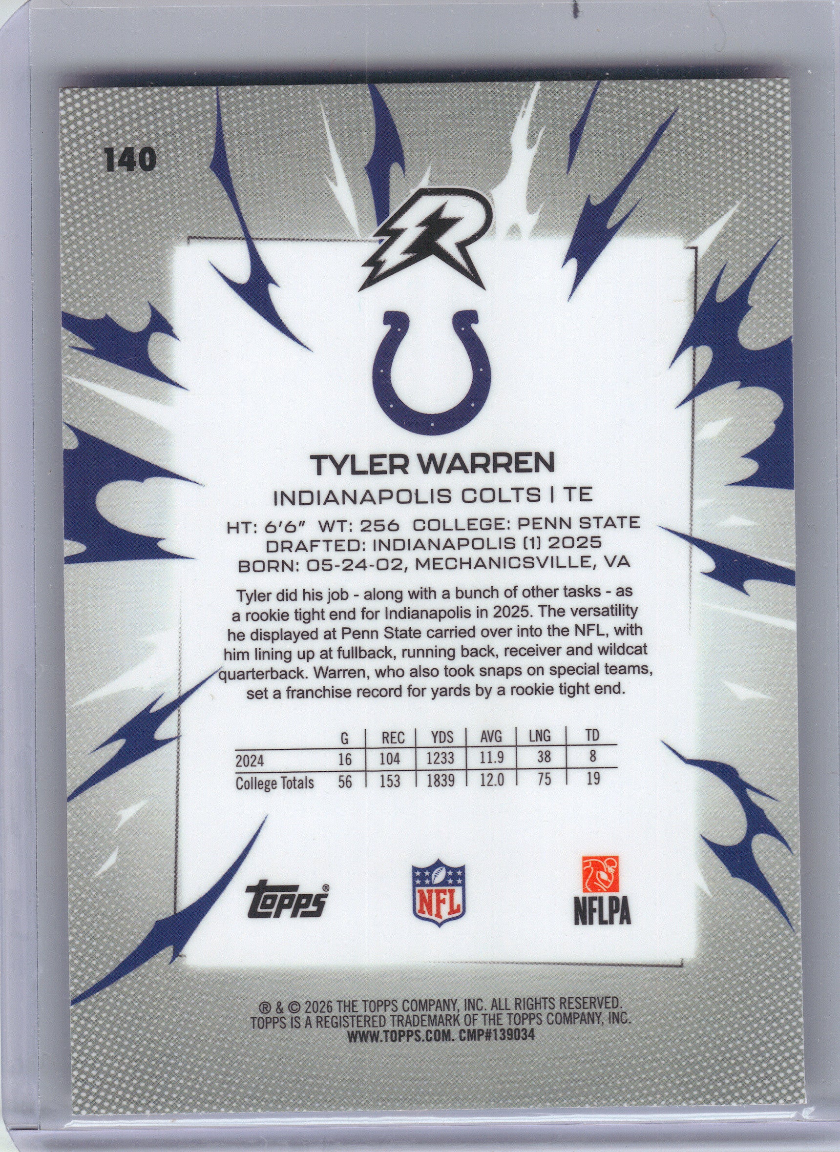 2025 Topps Resurgence #140 Tyler Warren Blue & Orange Spark Refractor Indianapolis Colts