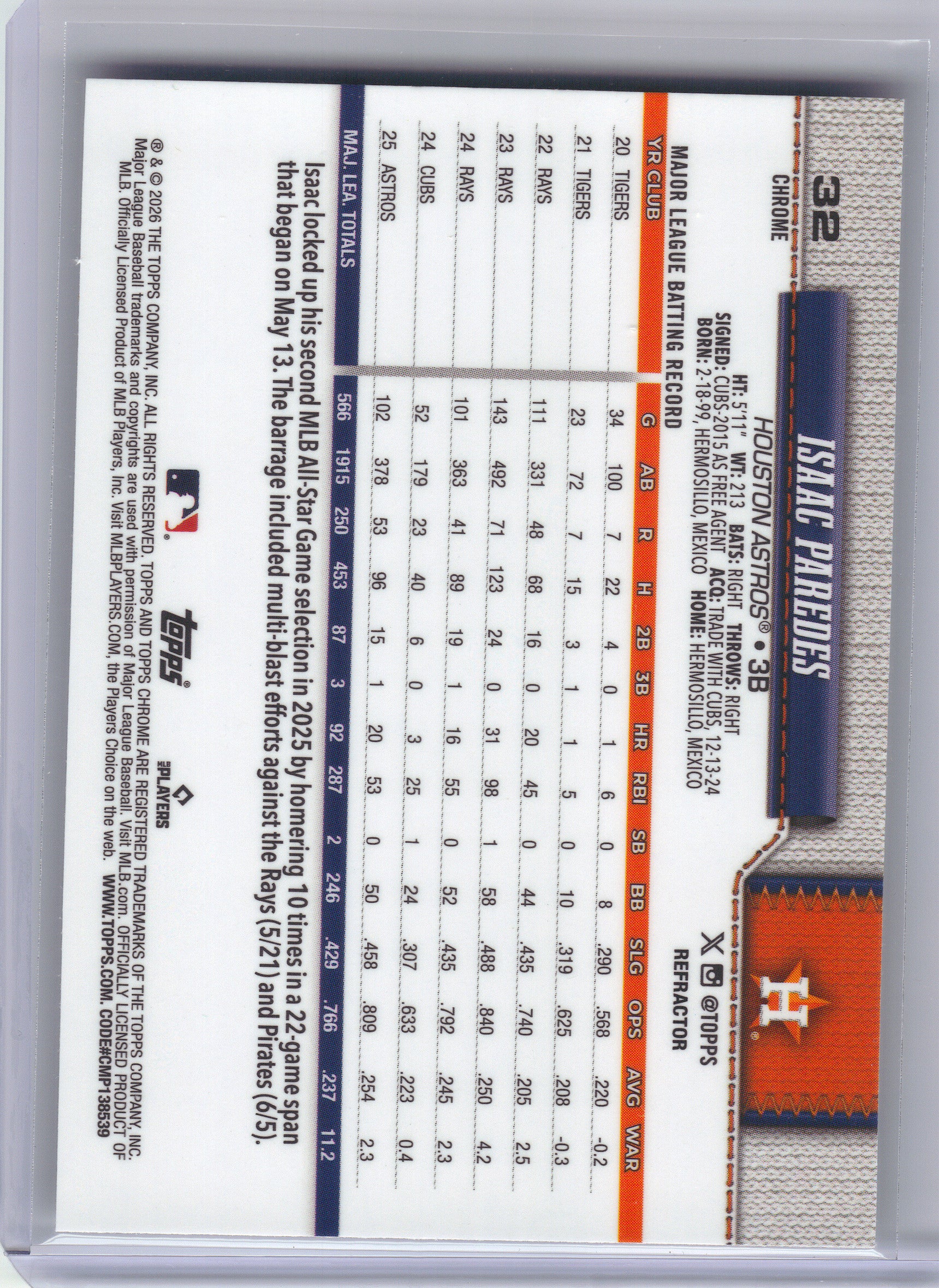 2026 Topps Chrome #32 Isaac Paredes Refractors Houston Astros
