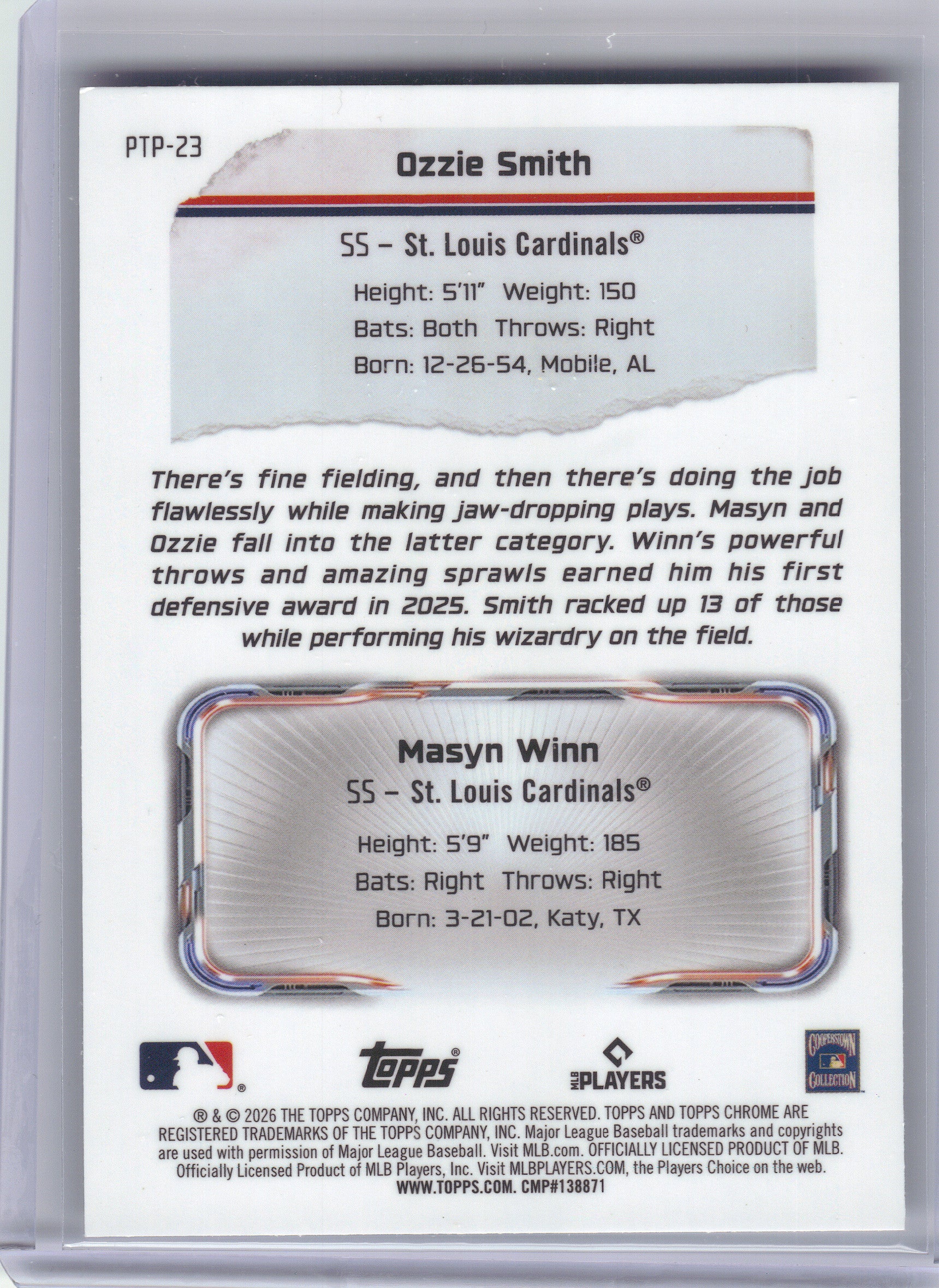 2026 Topps Chrome #PTP-23 Ozzie Smith / Masyn Winn Past to Present St. Louis Cardinals