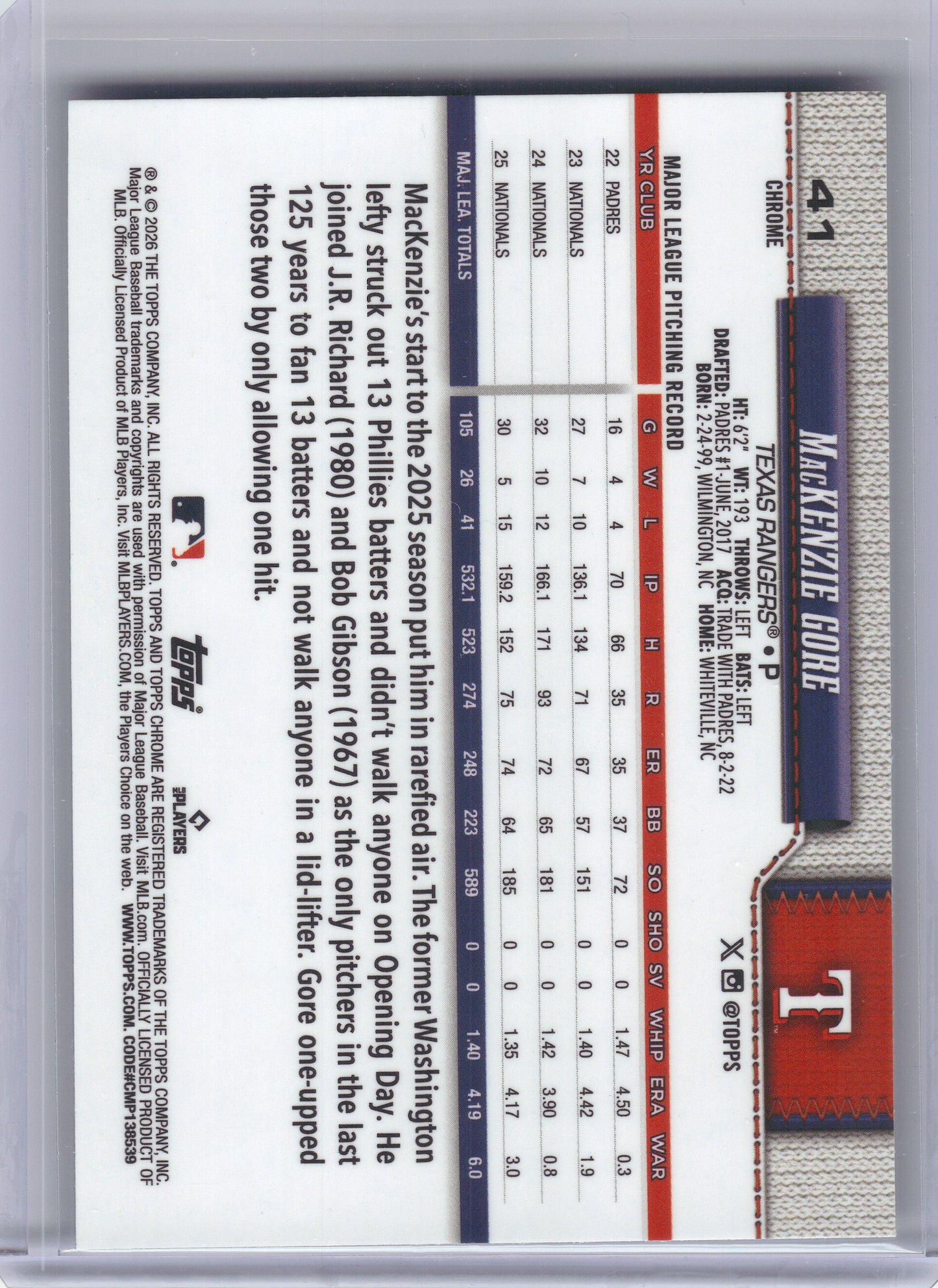 2026 Topps Chrome #41 MacKenzie Gore Green X-Fractors #/99 Texas Rangers SN