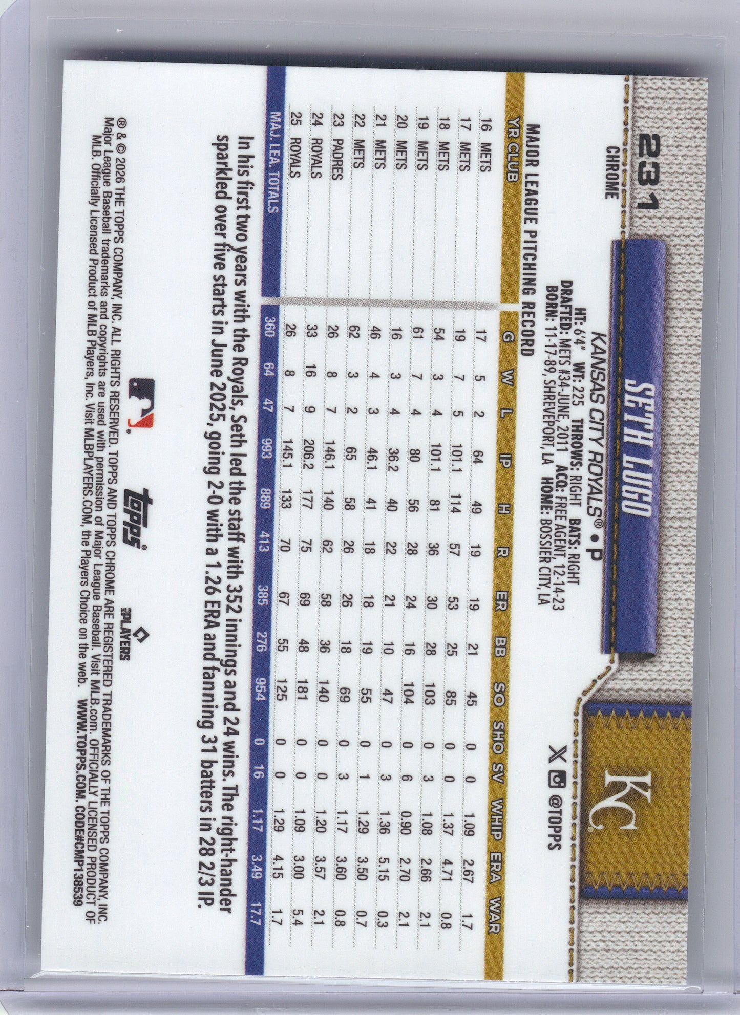 2026 Topps Chrome #231 Seth Lugo X-Fractors Kansas City Royals
