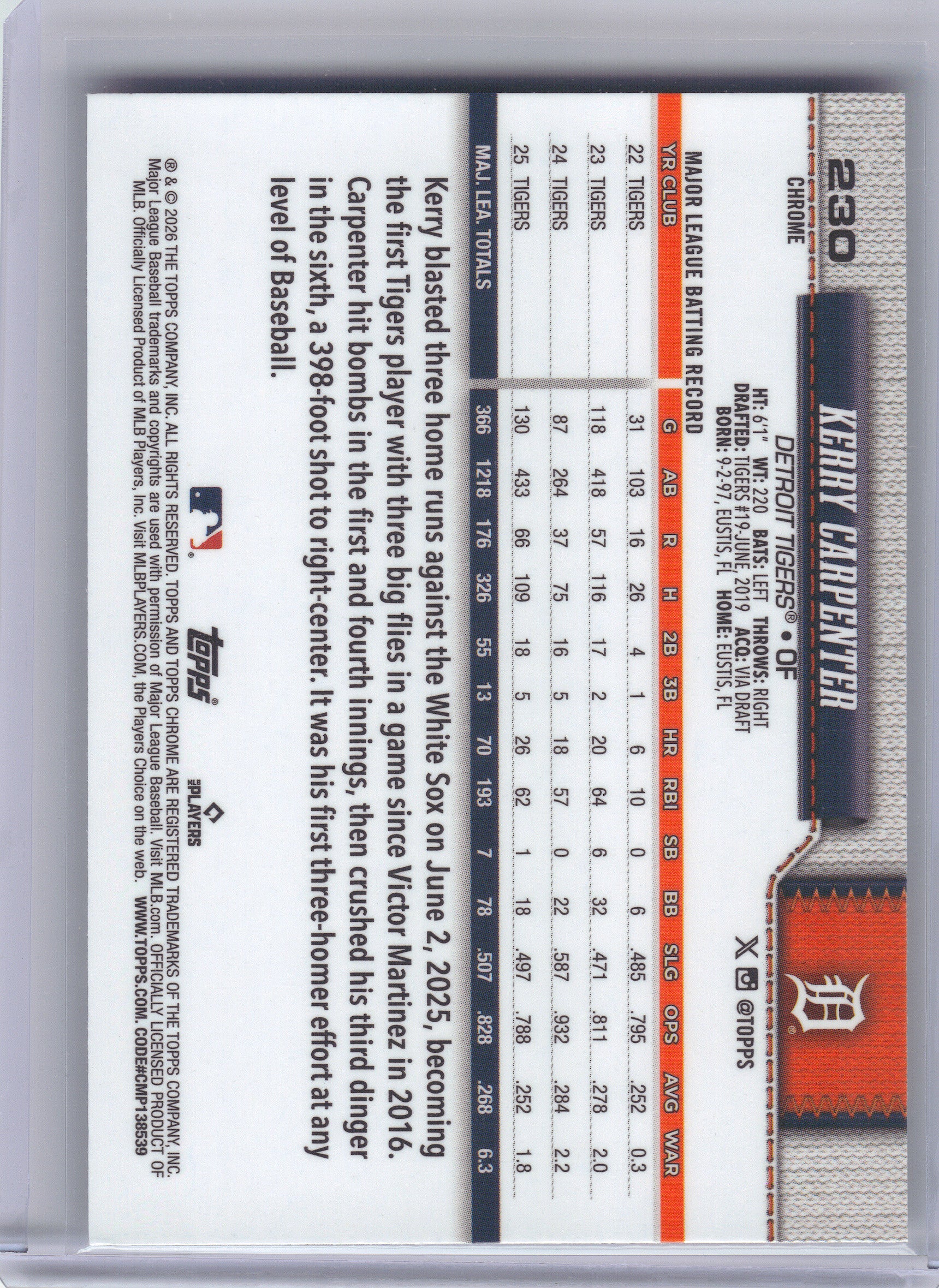 2026 Topps Chrome #230 Kerry Carpenter X-Fractors Detroit Tigers