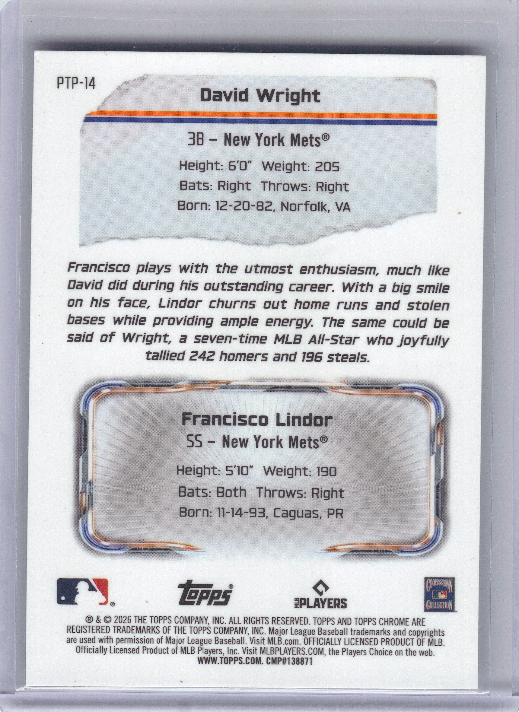 2026 Topps Chrome #PTP-14 Francisco Lindor / David Wright Past to Present New York Mets