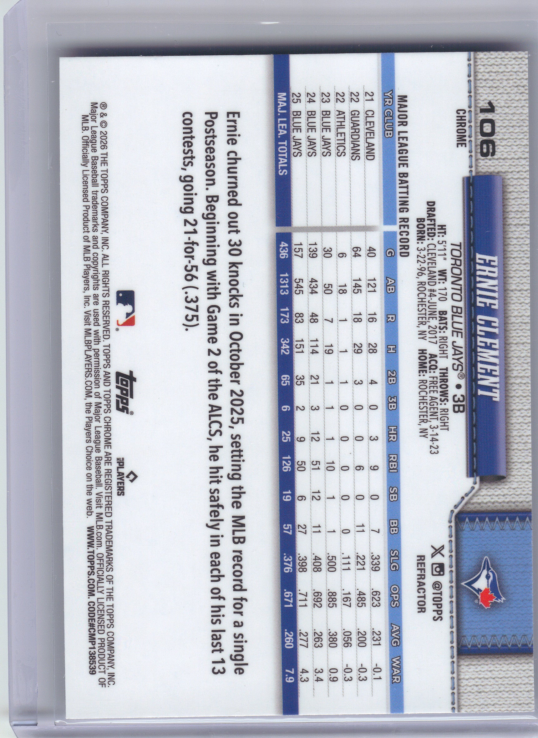 2026 Topps Chrome #106 Ernie Clement Refractors Toronto Blue Jays