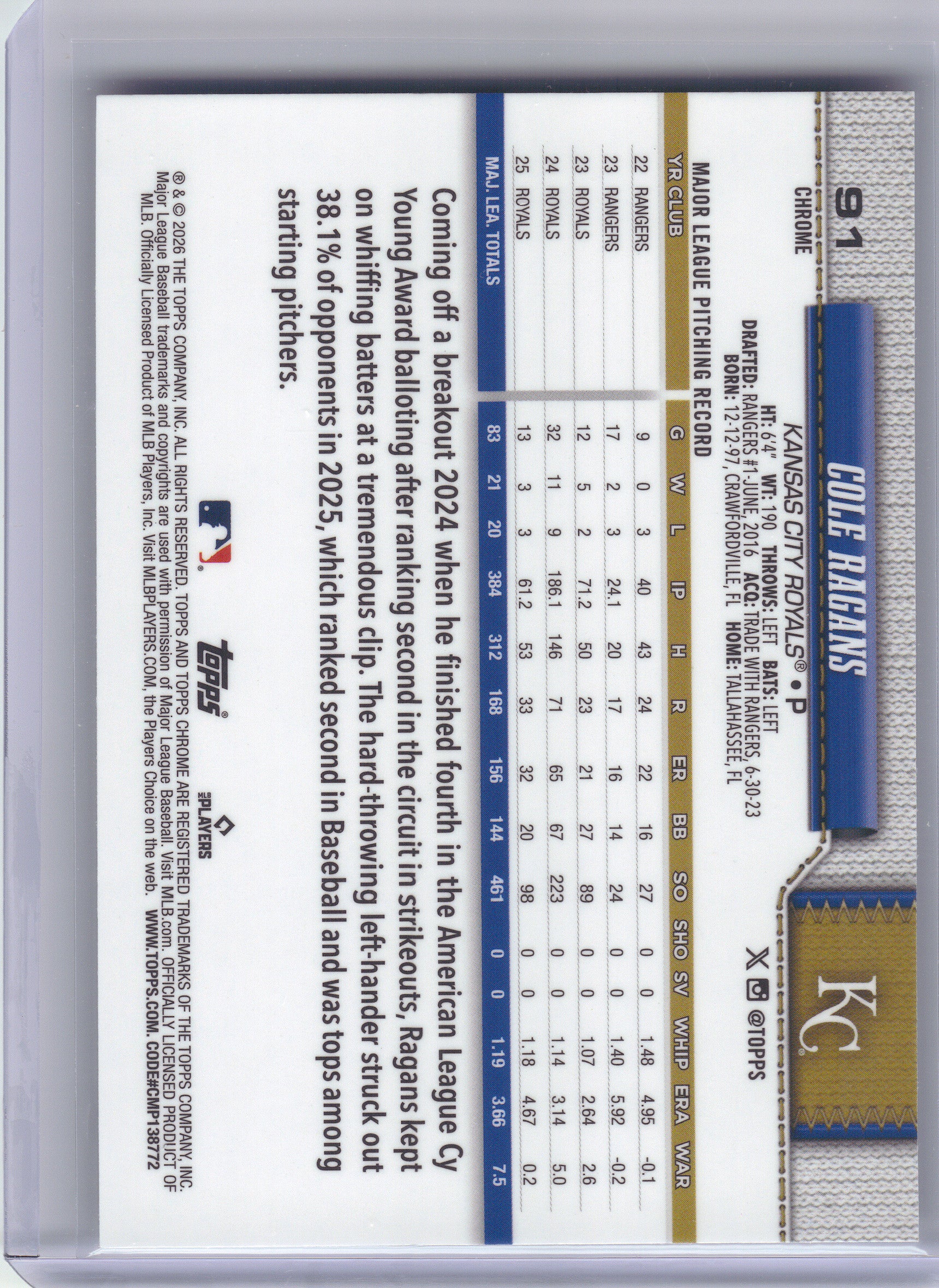 2026 Topps Chrome #91 Cole Ragans Lightboard Logo Refractors Kansas City Royals