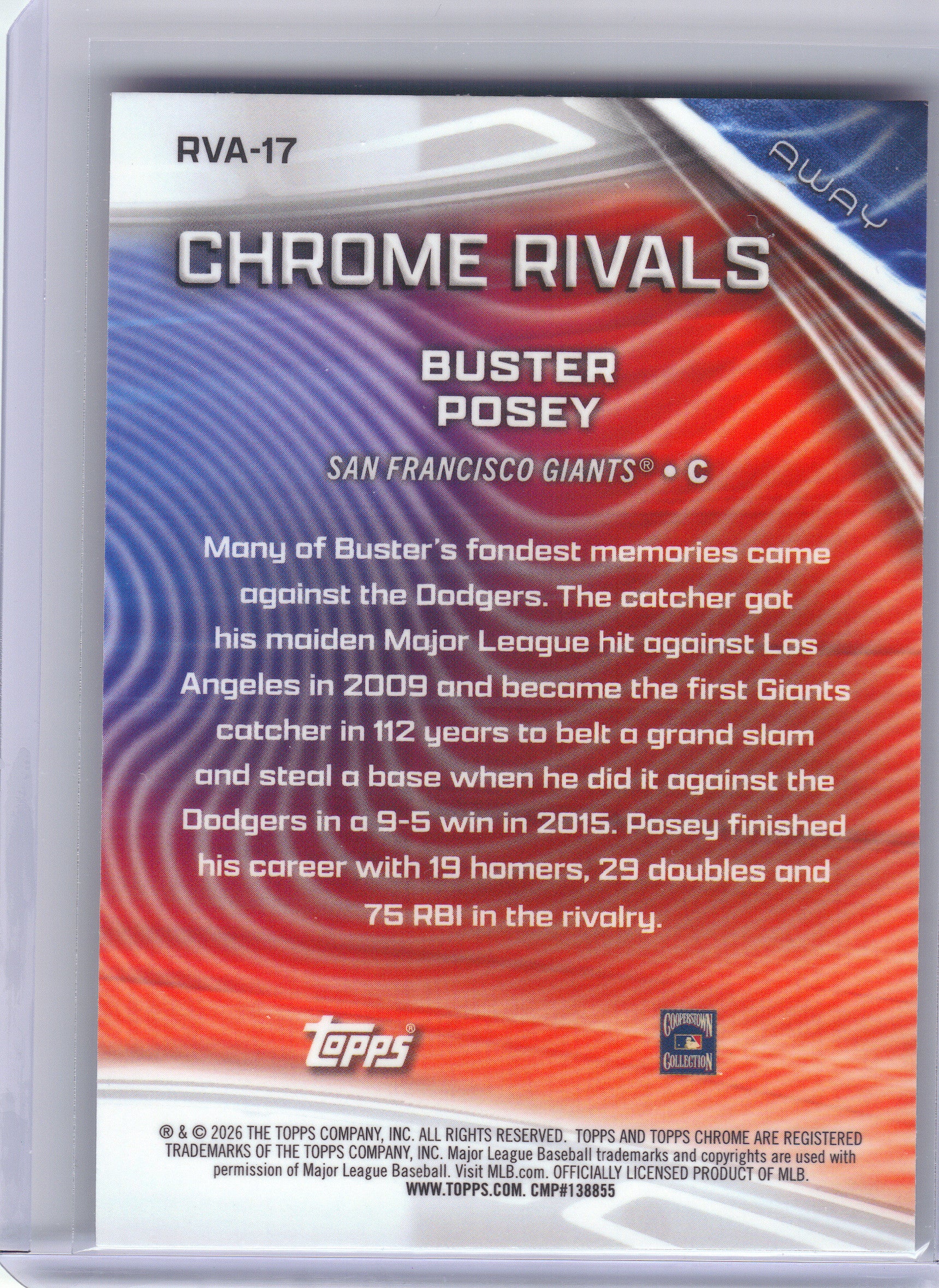 2026 Topps Chrome #RVA-17 Buster Posey Chrome Rivals Away San Francisco Giants