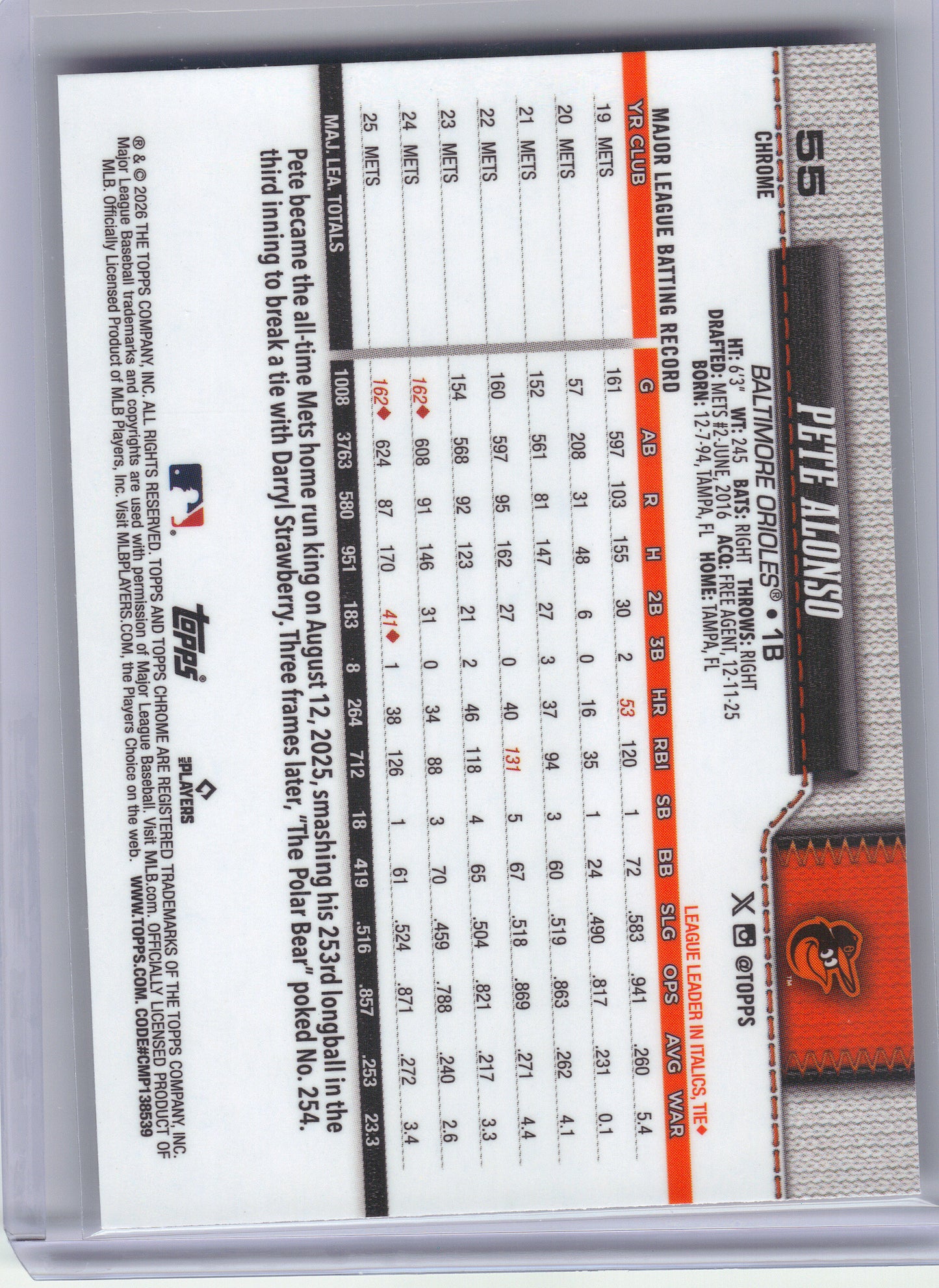 2026 Topps Chrome #55 Pete Alonso X-Fractors Baltimore Orioles