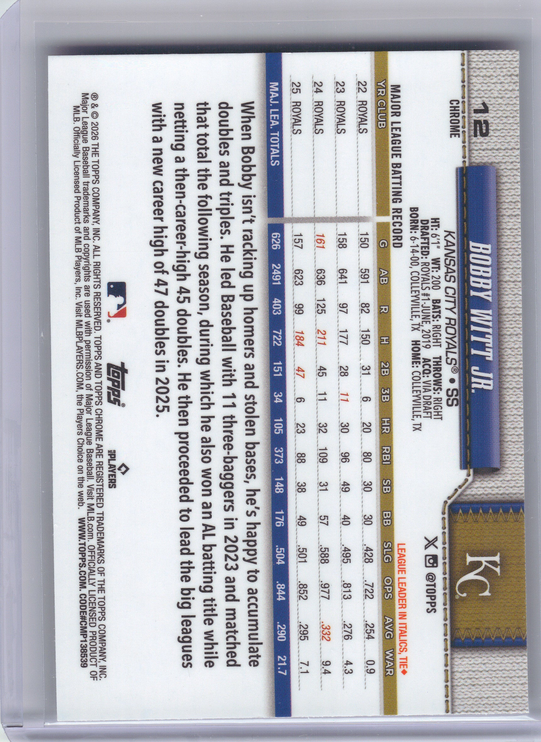 2026 Topps Chrome #12 Bobby Witt Jr. X-Fractors Kansas City Royals