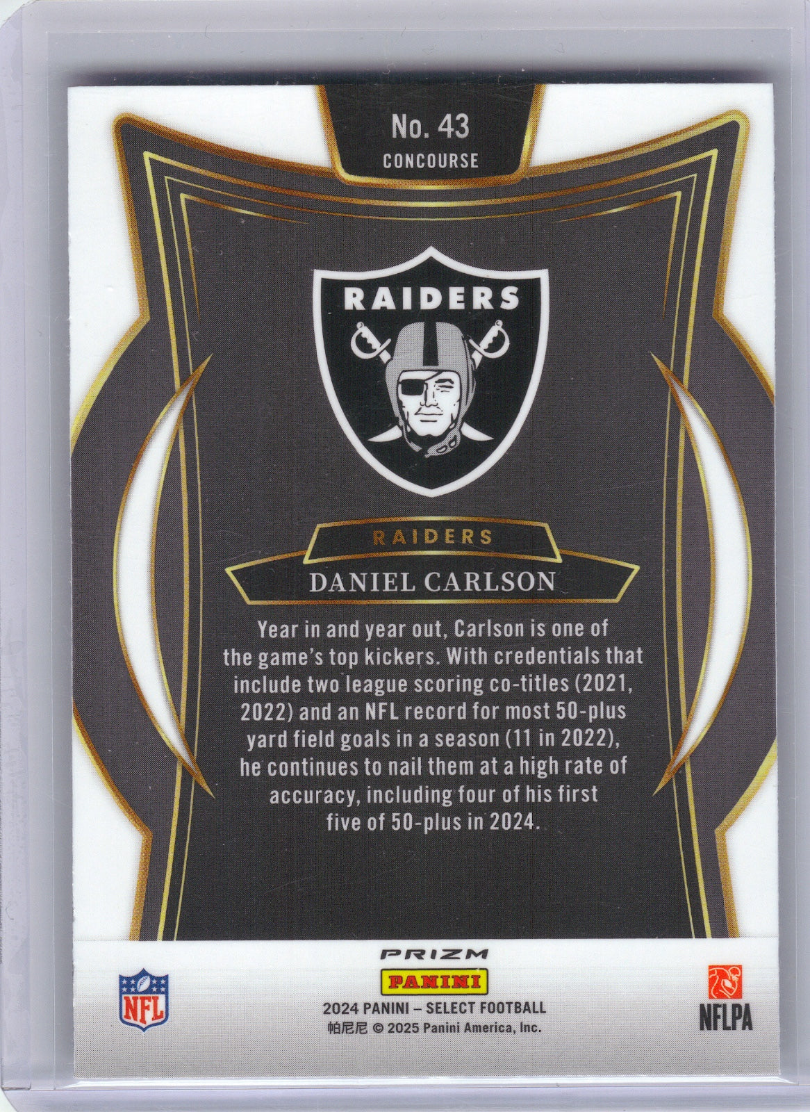 Daniel Carlson Las Vegas Raiders 2024 Panini Select - Silver Prizm #43 (Back)