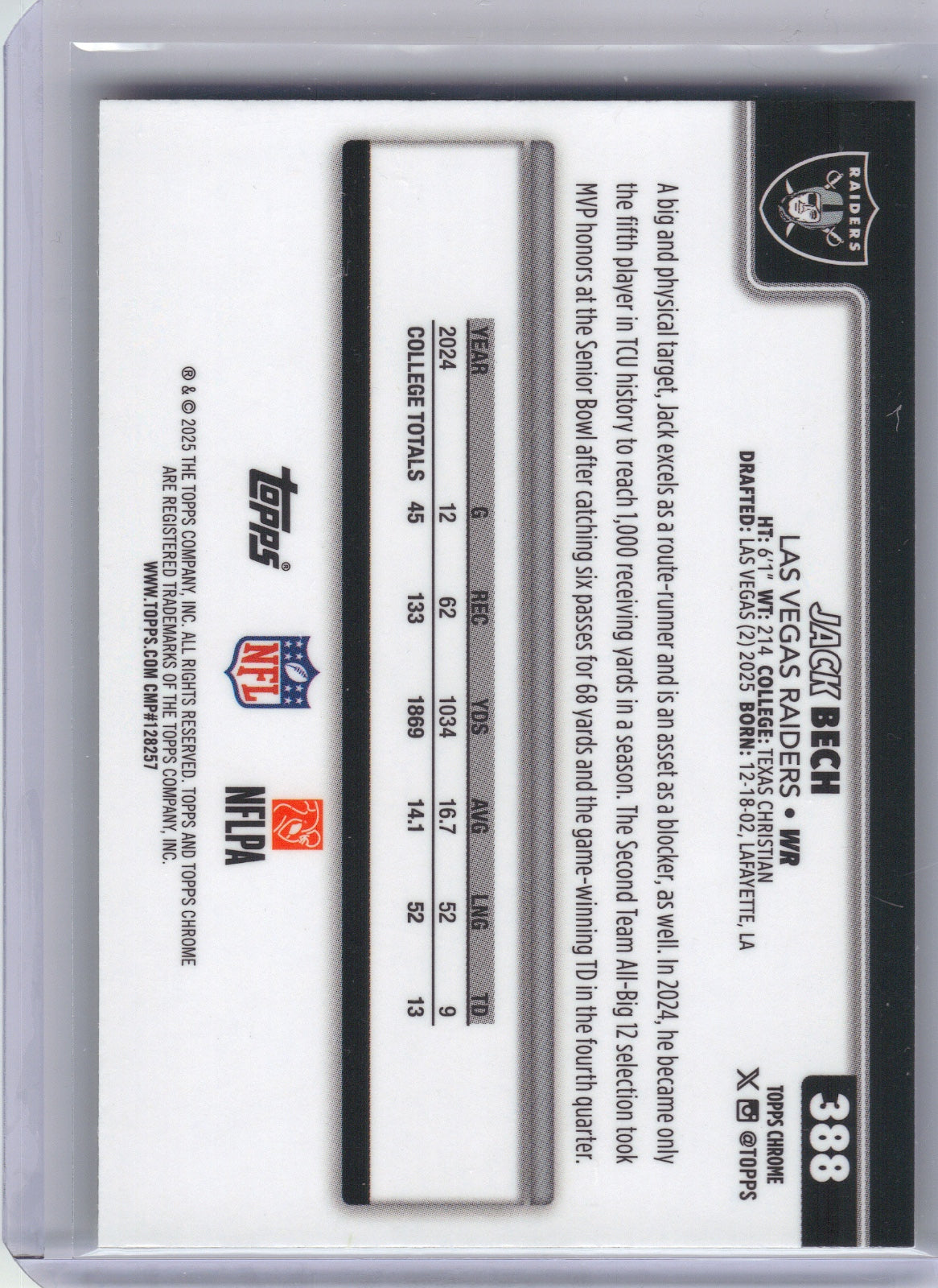 Jack Bech Las Vegas Raiders 2025 Topps Chrome - Lime Green X-Fractor #388 (Back)