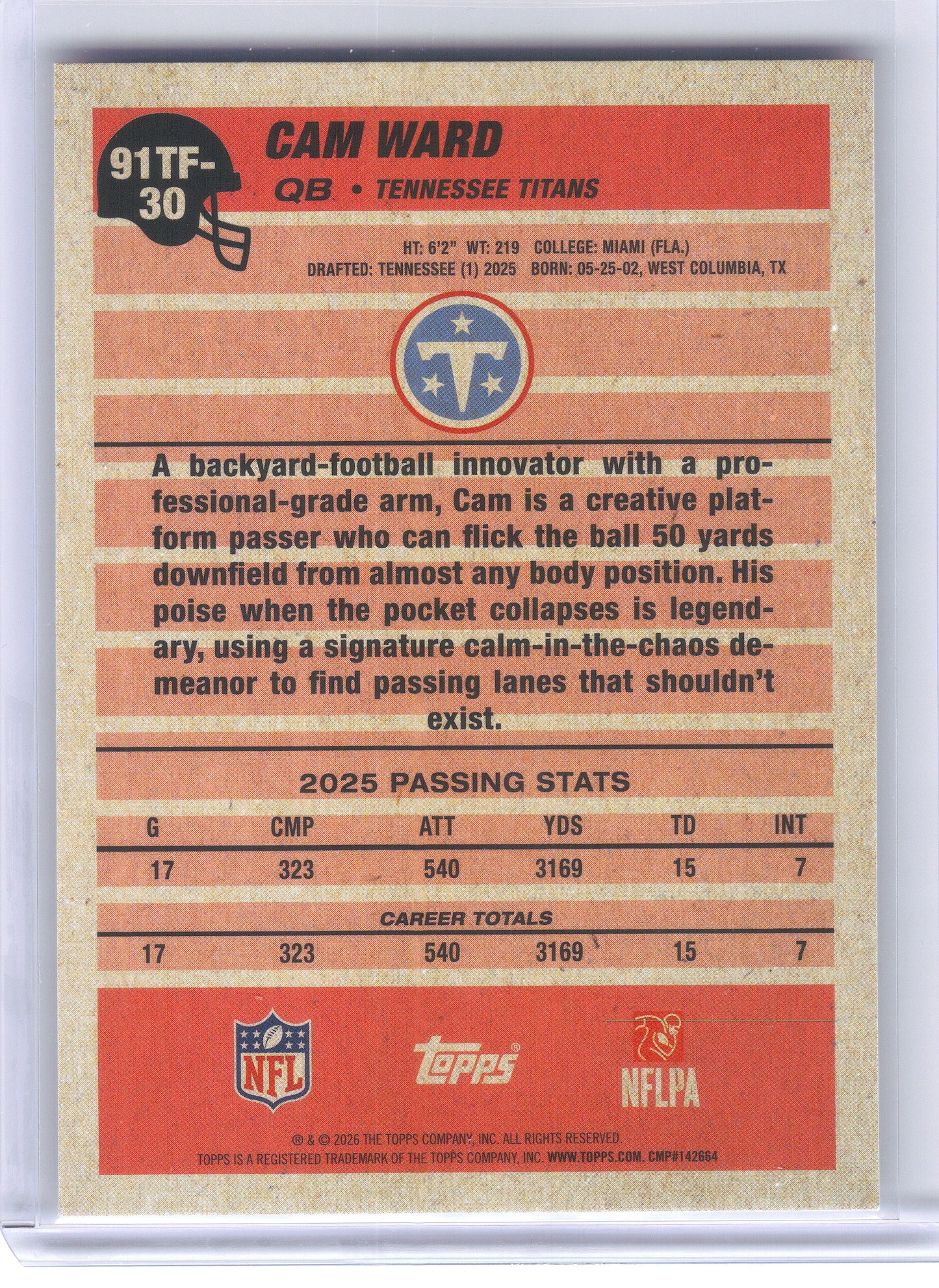 2026 Topps Flagship #91TF-30 Cam Ward 1991 Topps Flagship Football Tennessee Titans