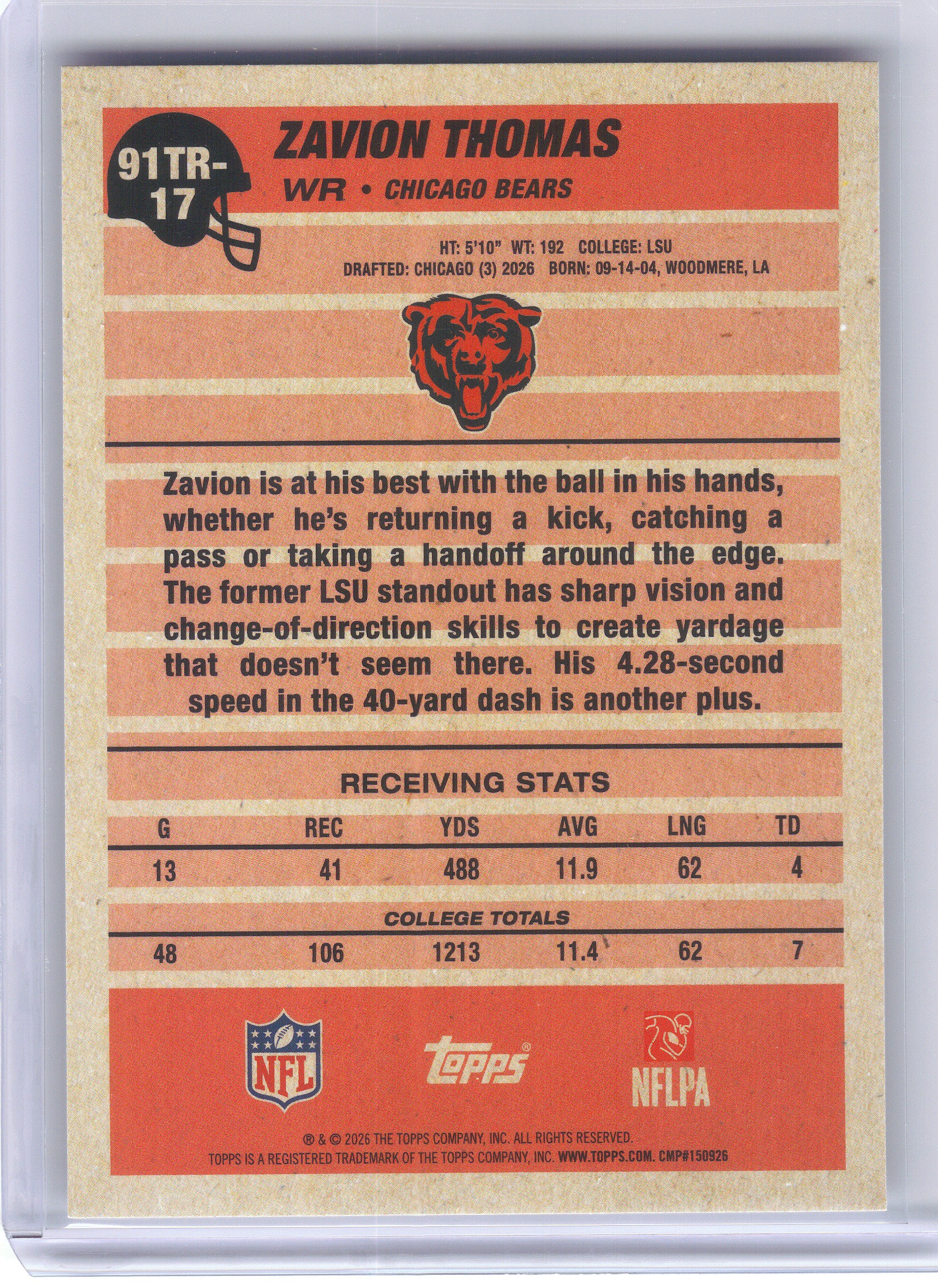 2026 Topps Flagship #91TR-17 Zavion Thomas 1991 Topps Flagship Football Rookies Chicago Bears