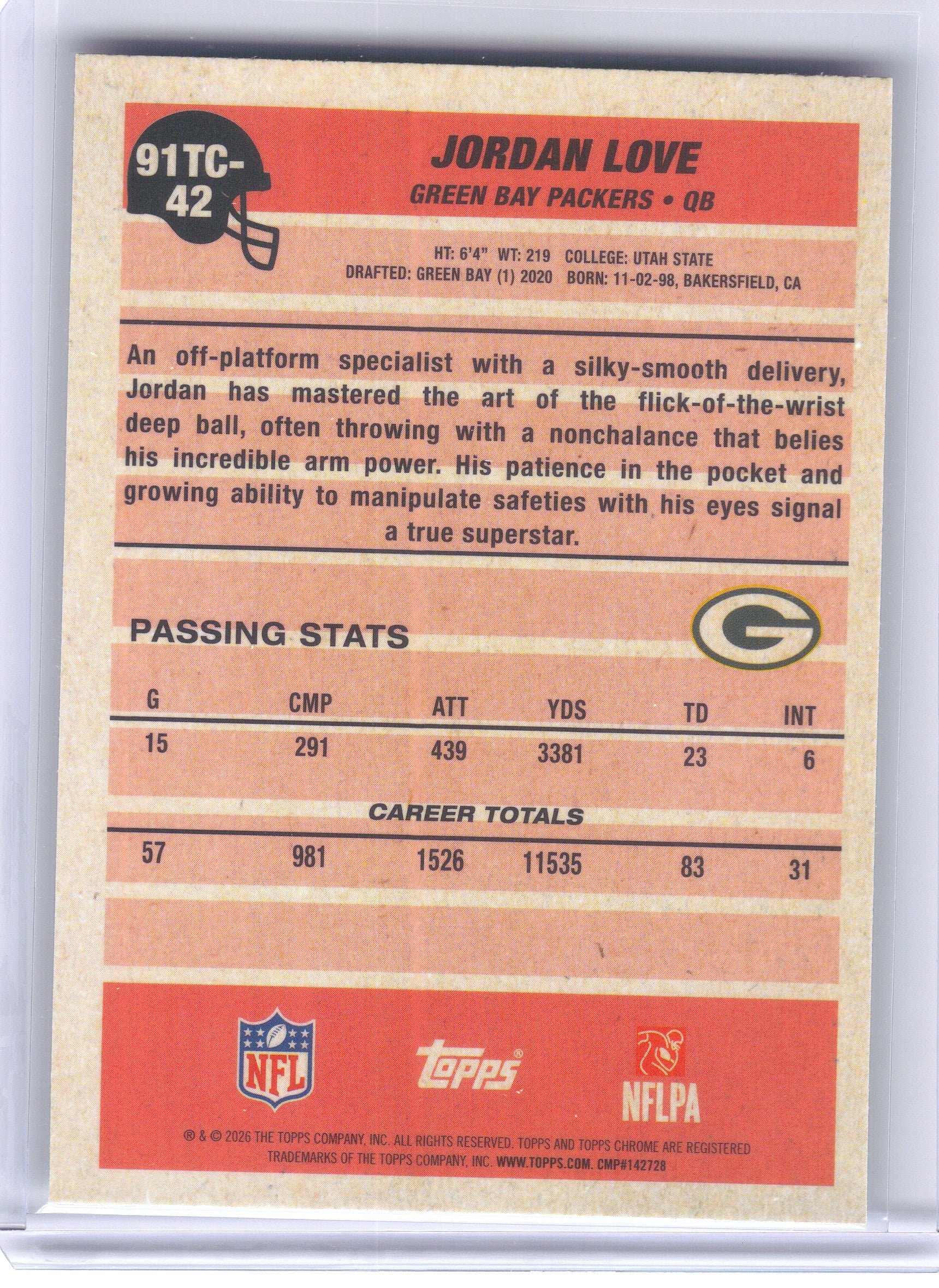 2026 Topps Flagship #91TC-42 Jordan Love 1991 Topps Flagship Football Chrome Mojo Chrome Green Bay Packers