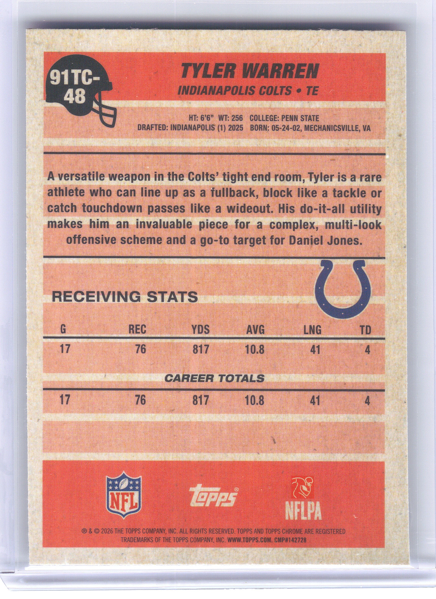 2026 Topps Flagship #91TC-48 Tyler Warren 1991 Topps Flagship Football Chrome Mojo Chrome Indianapolis Colts