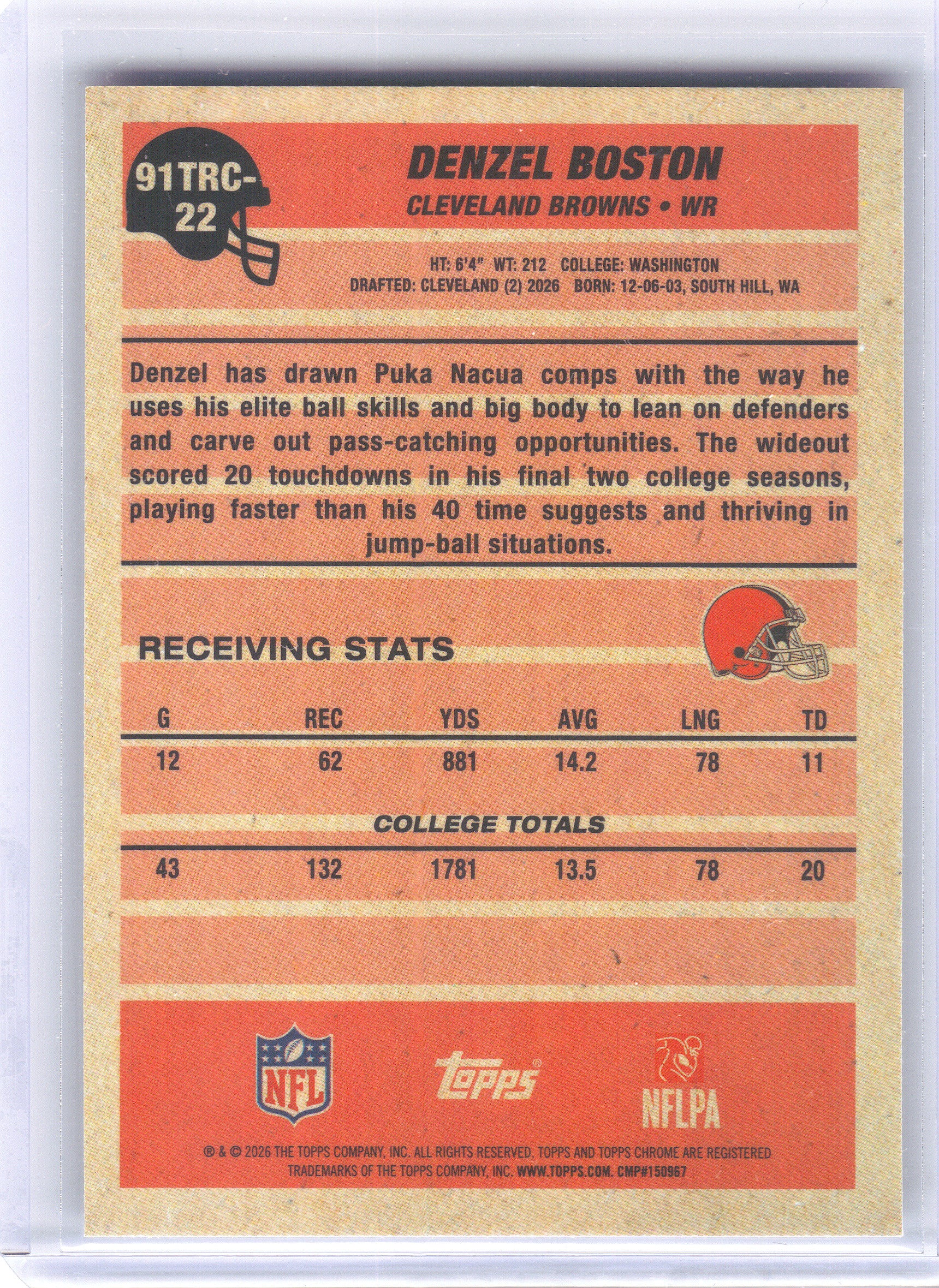 2026 Topps Flagship #91TRC-22 Denzel Boston 1991 Topps Flagship Football Rookies Chrome Mojo Chrome Cleveland Browns