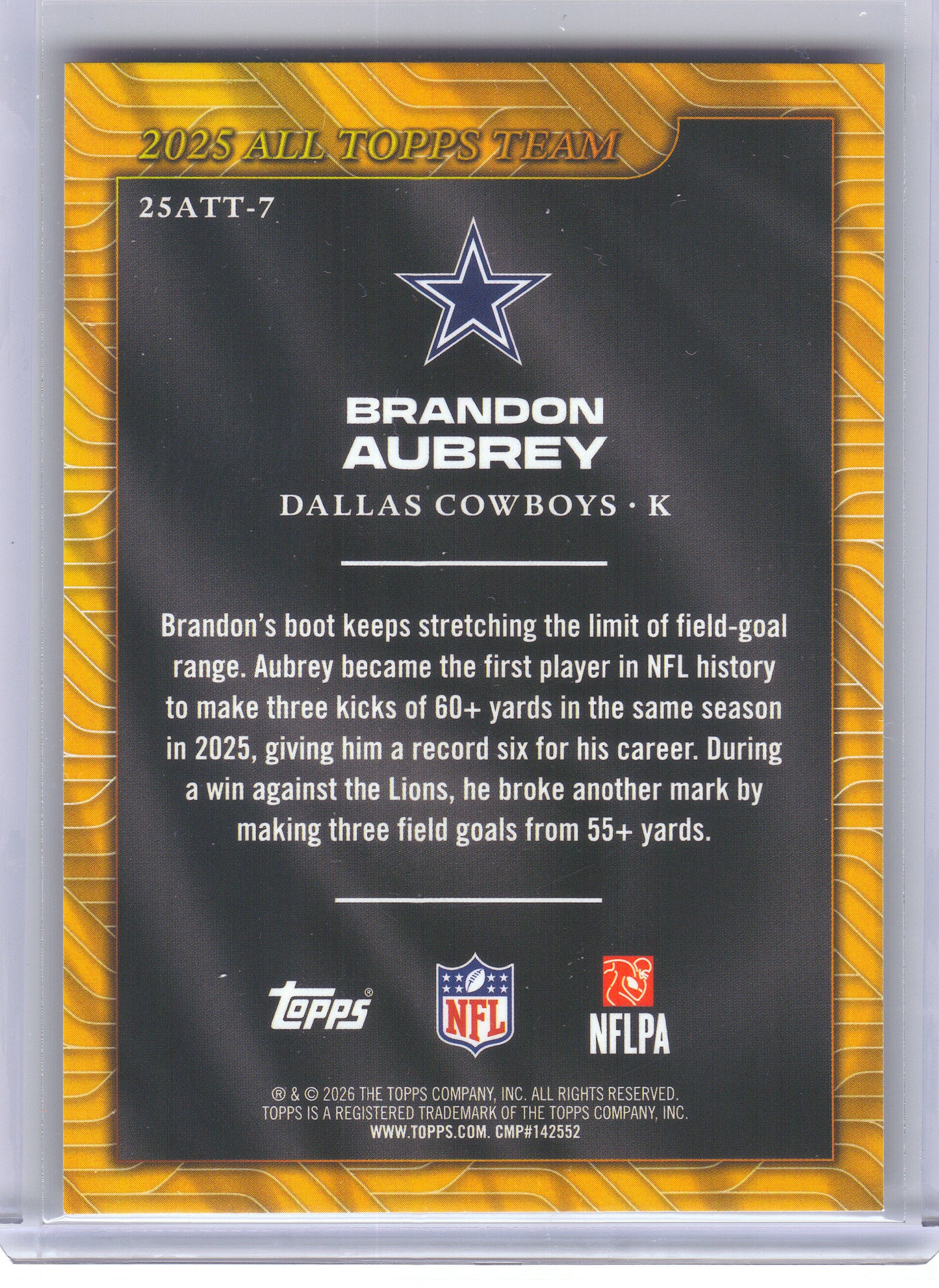 2026 Topps Flagship #25ATT-7 Brandon Aubrey 2025 All Topps Flagship Team Dallas Cowboys