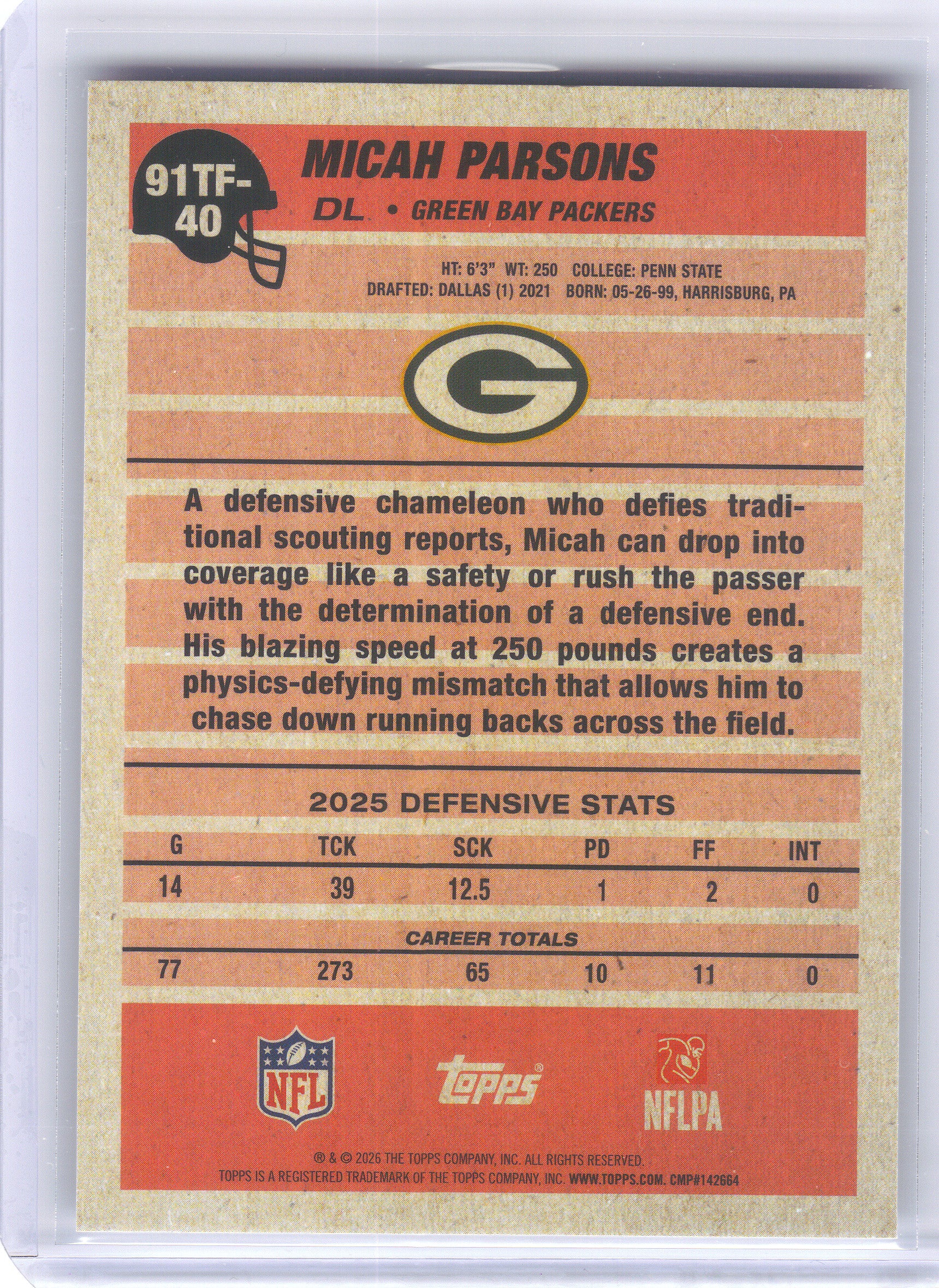 2026 Topps Flagship #91TF-40 Micah Parsons 1991 Topps Flagship Football Green Bay Packers