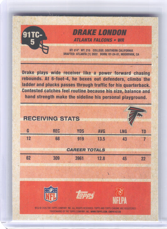 2026 Topps Flagship #91TC-5 Drake London 1991 Topps Flagship Football Chrome Mojo Chrome Atlanta Falcons
