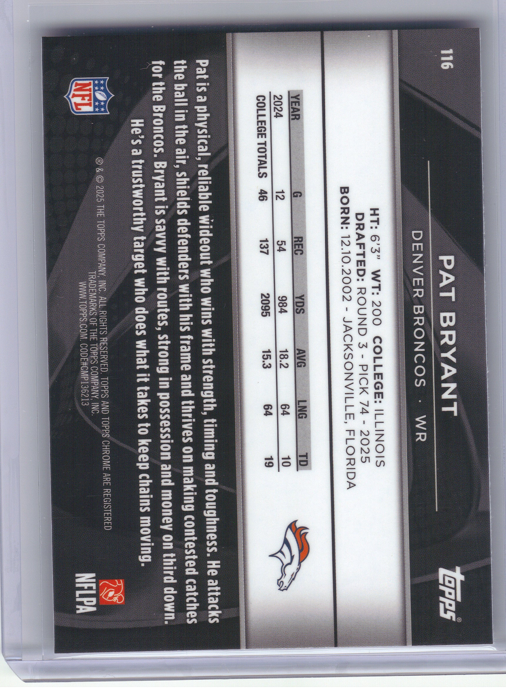 2025 Topps Chrome Black #116 Pat Bryant Denver Broncos RC